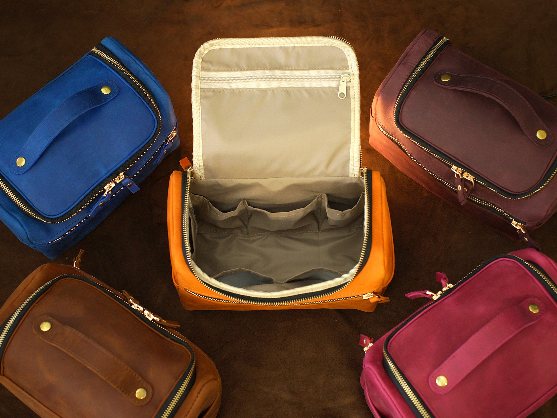 Natural leather cosmetic bag with warm patina, artisan craftsmanship