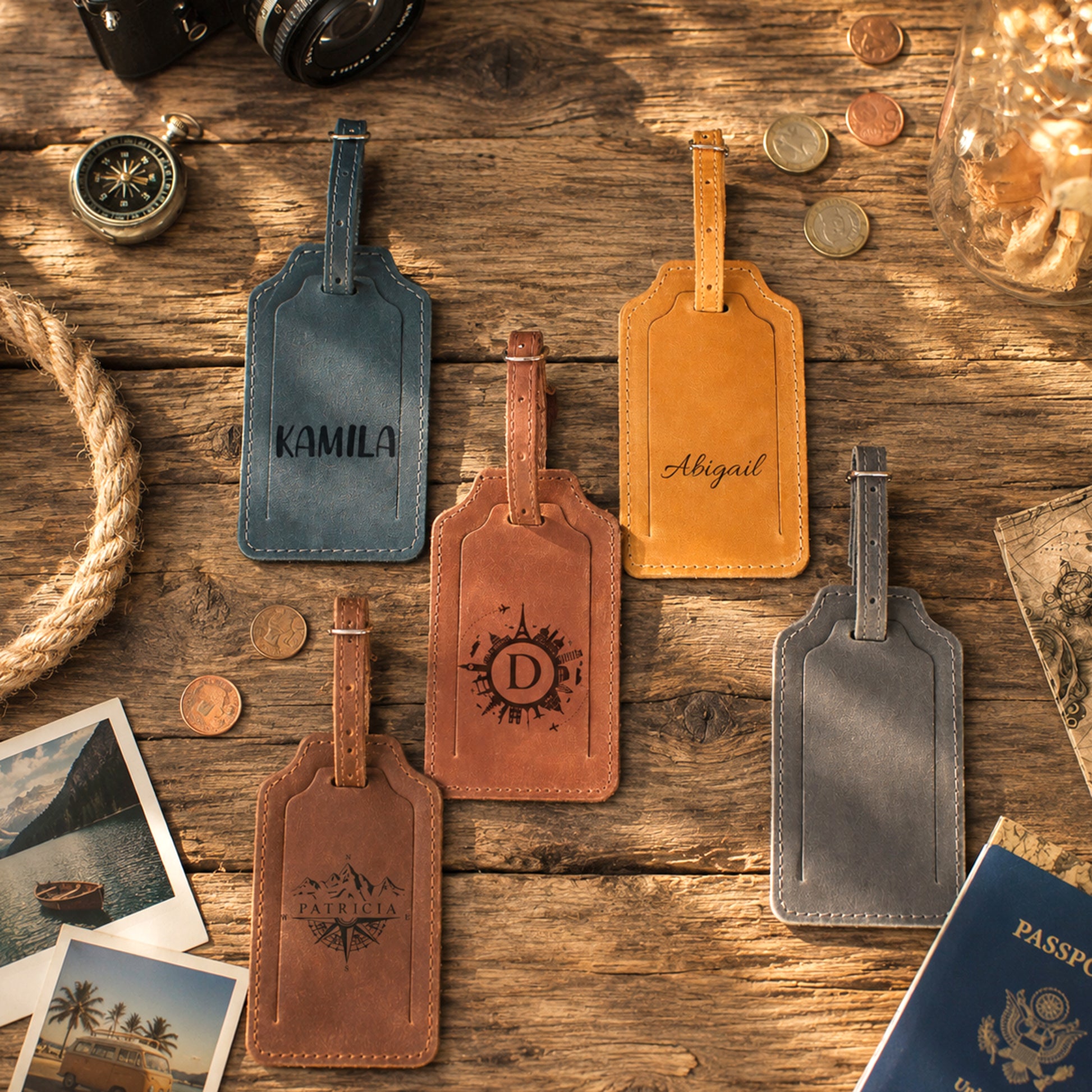 Four personalized leather luggage tags in blue, tan, brown, and gray, styled on a rustic wooden table with travel props like a compass, rope, coins, and a passport.