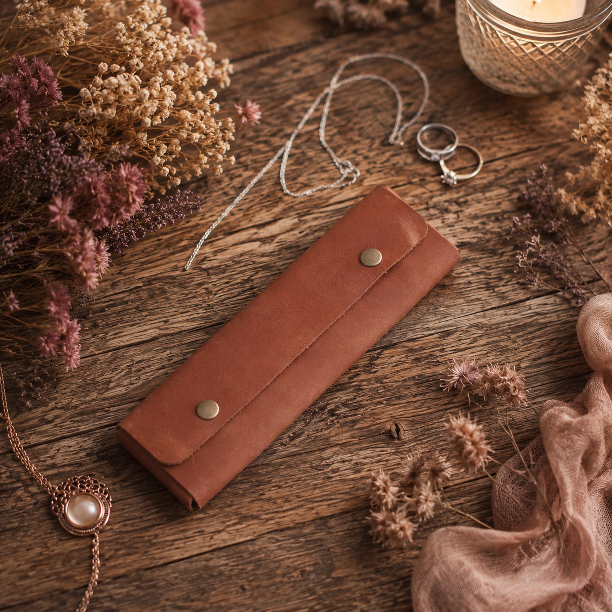 A brown leather jewelry pouch with two brass snap buttons, displayed on a rustic wooden table surrounded by dried flowers, a necklace, rings, and a lit candle.