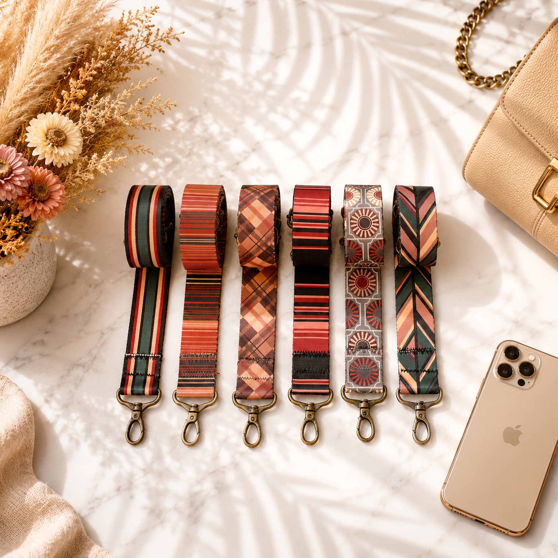Set of patterned strap extensions on a light surface with a phone and flowers.
