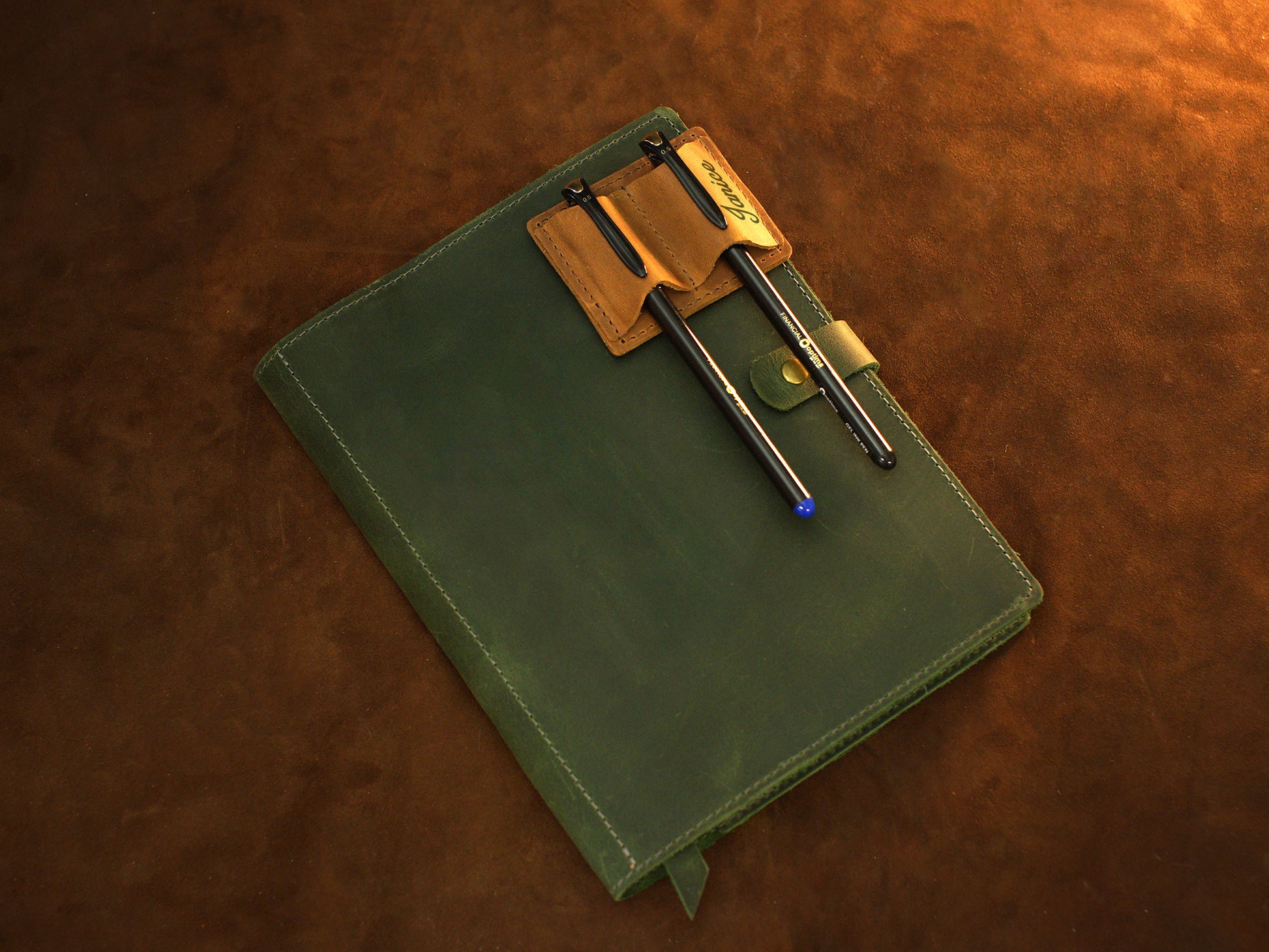 Natural leather pen holder with warm patina, artisan craftsmanship
