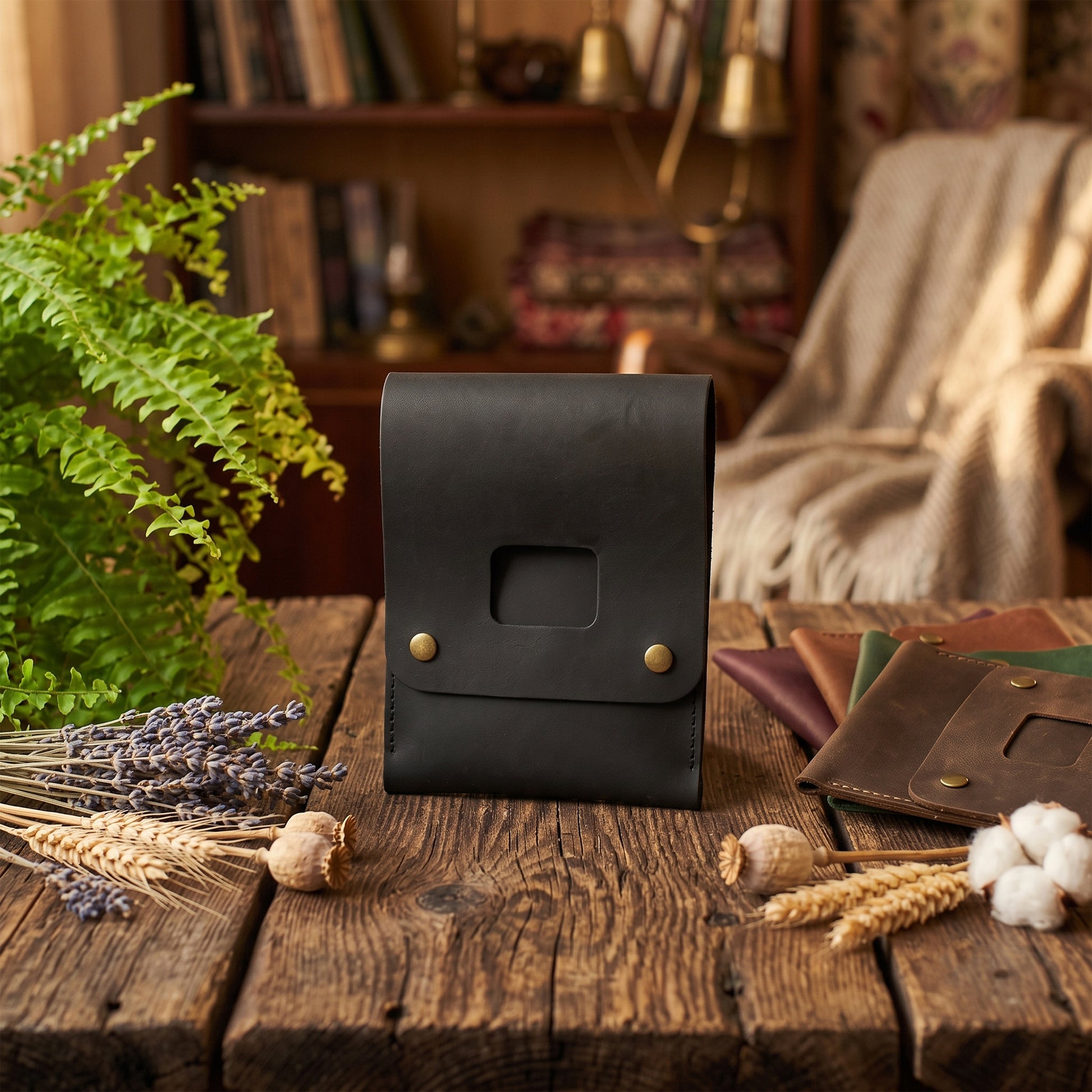A black leather wallet or card holder with brass snap buttons stands on a rustic wooden table, surrounded by dried lavender, wheat, cotton bolls, and other leather goods in a warm, cozy room setting.