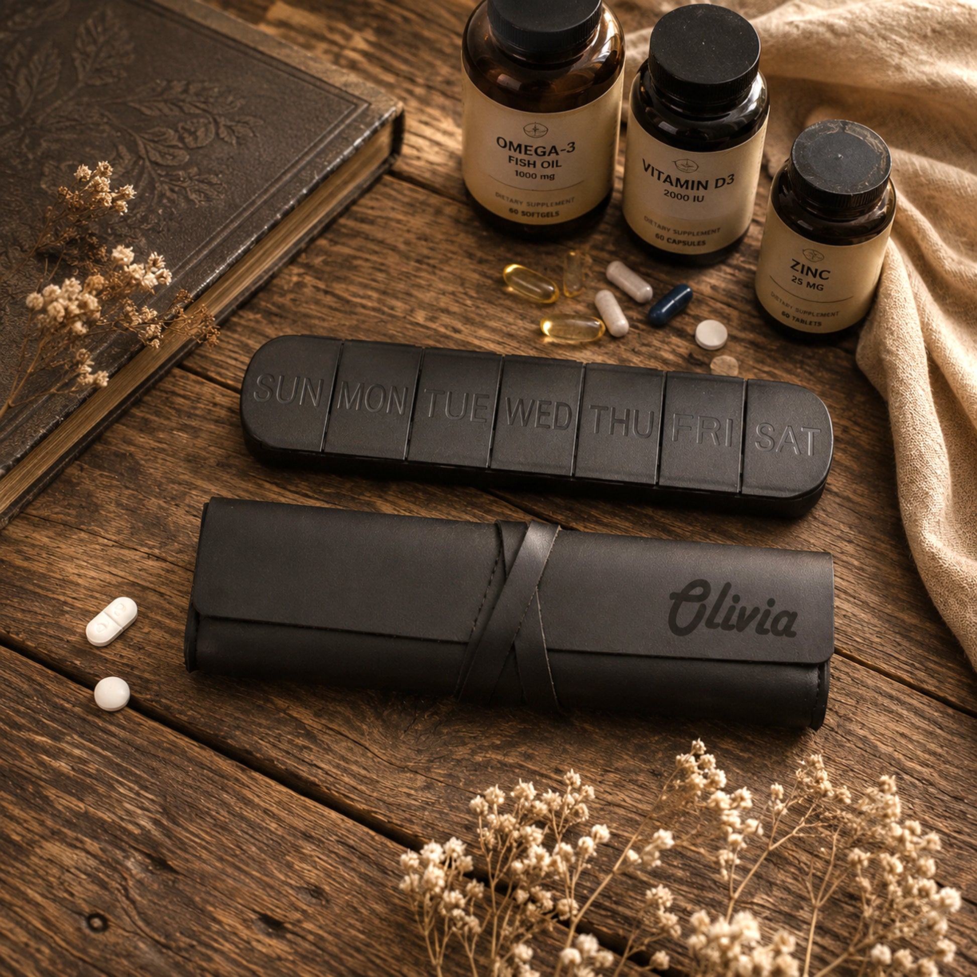 A black leather weekly pill organizer case with a matching weekly slot tray, displayed on a rustic wooden table alongside supplement bottles, capsules, dried flowers, and a book. The case is personalized with the name 'Olivia' in black script.