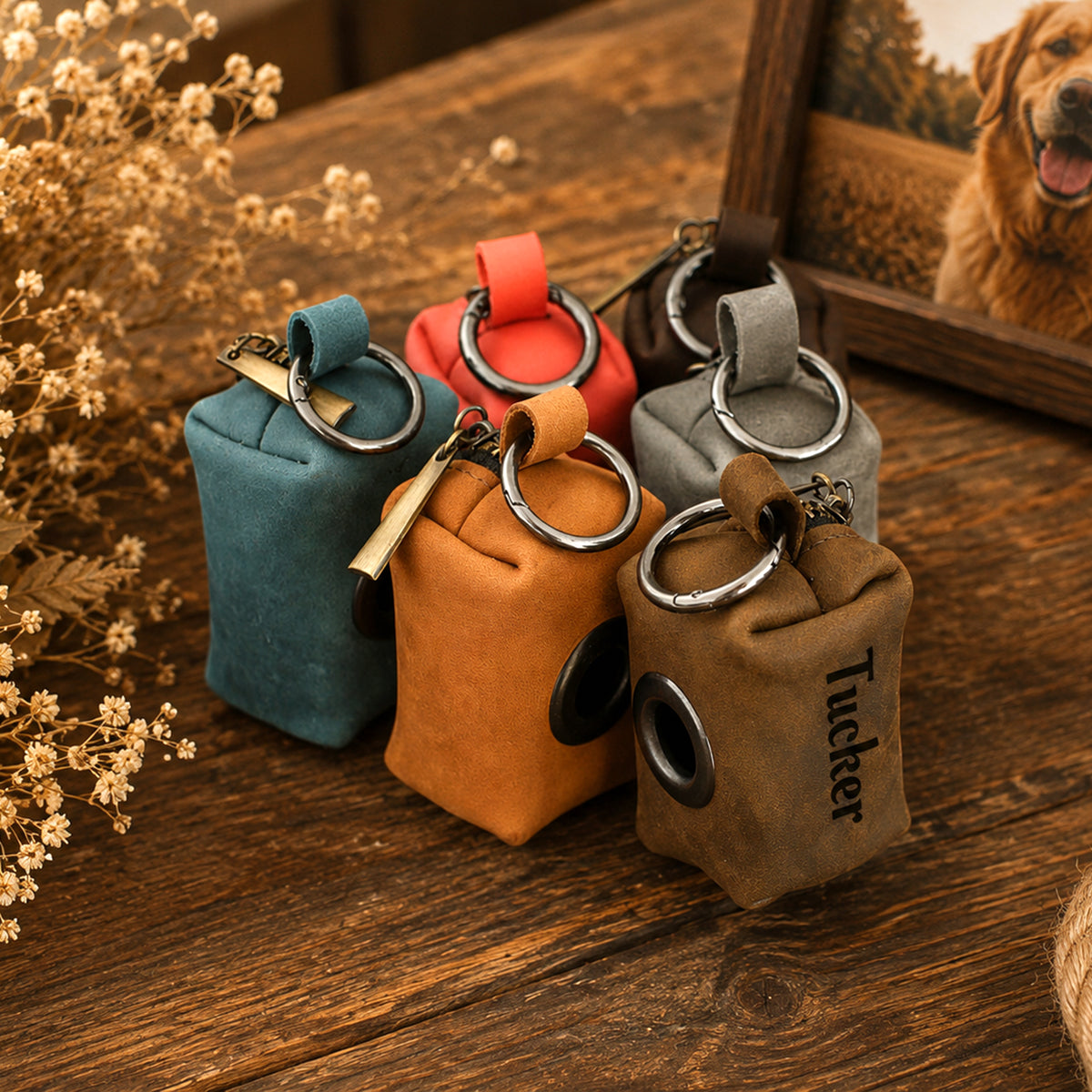 Four small dog poop bags with metal rings and keychains, shown in teal, orange, gray, and brown on a wooden table with dried flowers and a framed dog photo in the background.