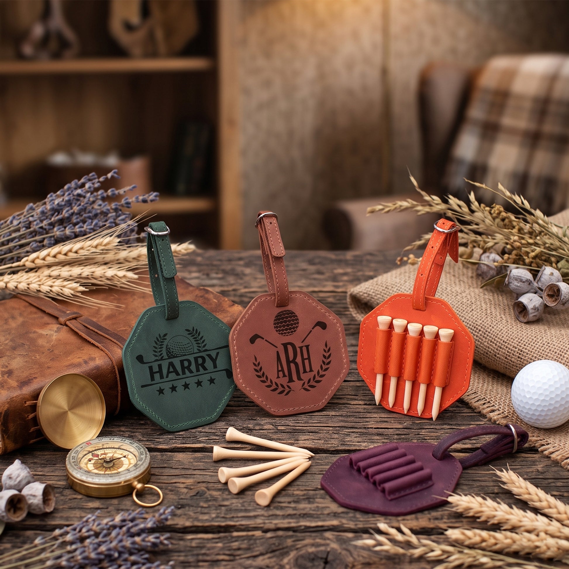 Personalized leather golf keychains and matching accessories displayed on a rustic wooden table with dried wheat, lavender, a compass, and a golf ball. The set includes a green octagonal keychain engraved with 'HARRY', a brown octagonal keychain engraved with 'ARL', an orange set of golf tees, a purple tee pad, and a brown leather bag.