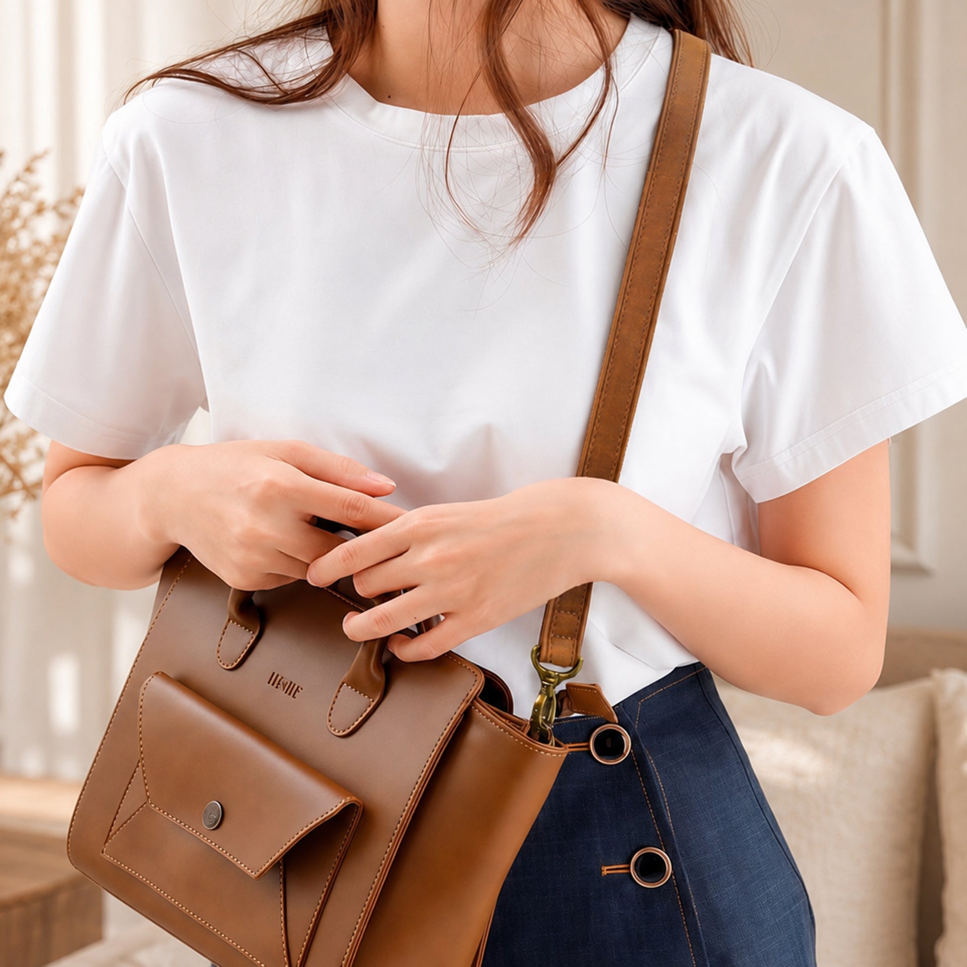 Person holding a brown leather bag with a neutral background