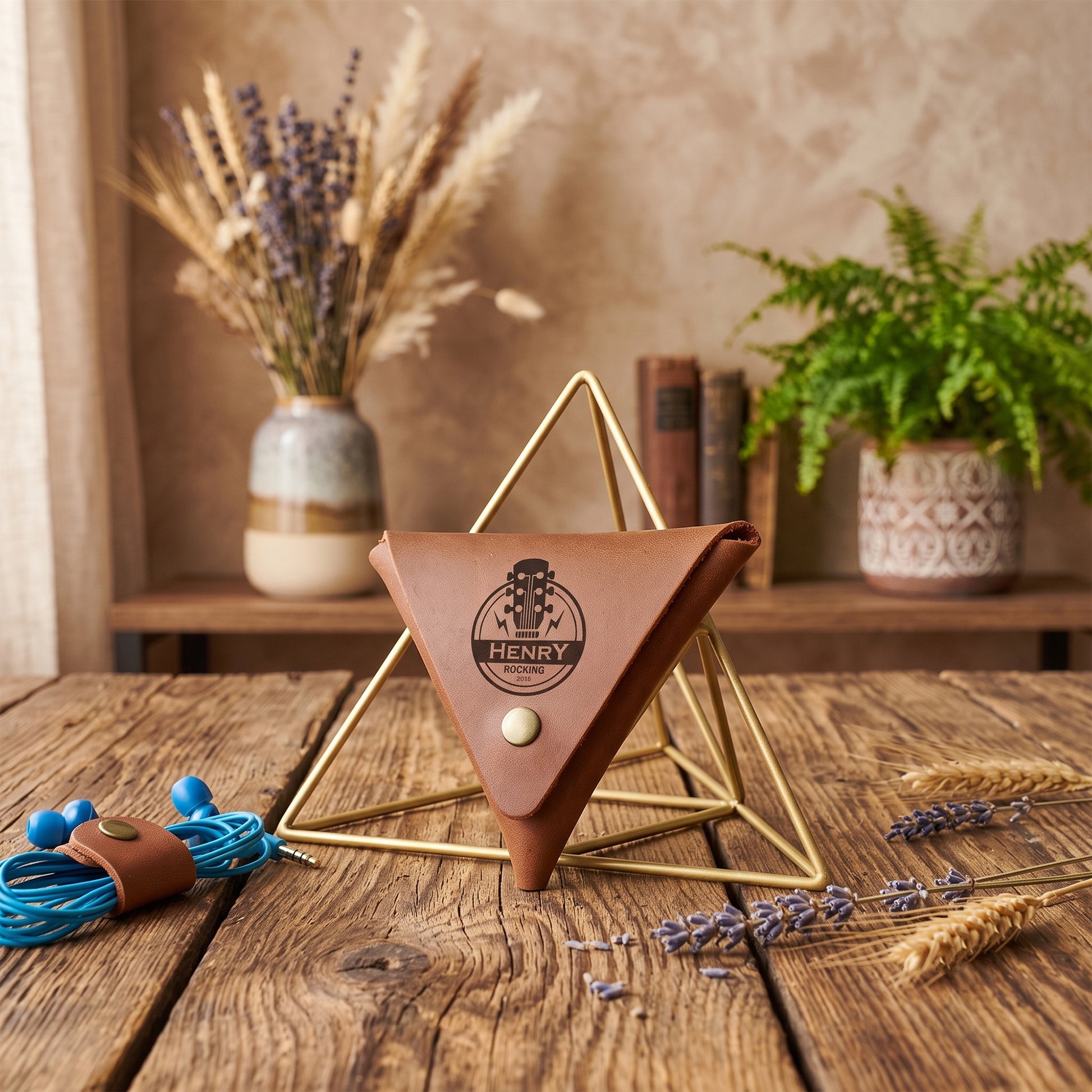 A brown leather triangular stand with a small metal button and a printed circular logo reading 'HENRY' sits on a rustic wooden table. The stand is styled with dried lavender and wheat, a gold wire frame, and a blue cord accessory, with a shelf and potted plant in the background.