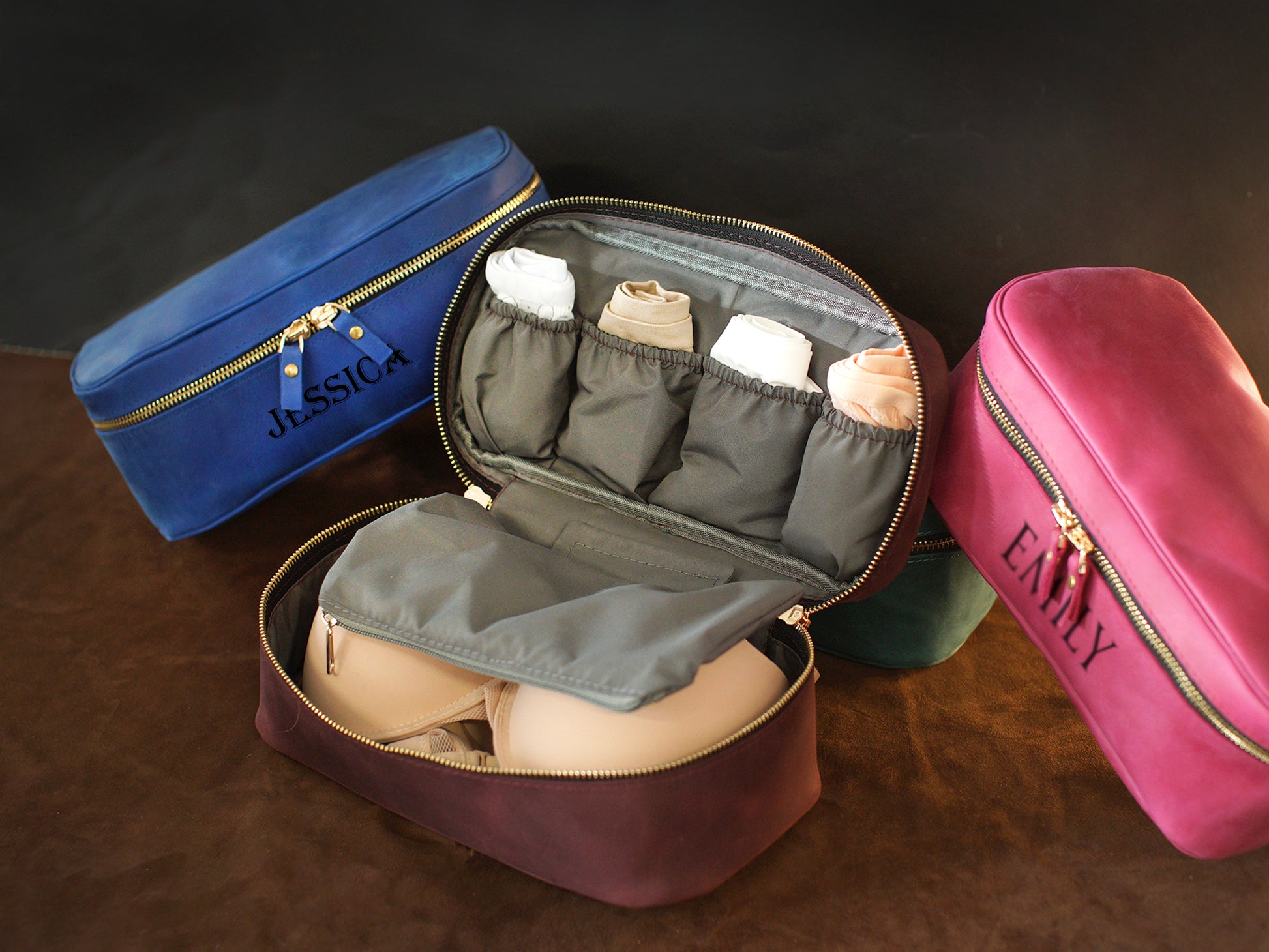 Leather delicates case interior pockets detail, organized travel pouch