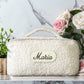 Natural sherpa toiletry bag with soft plush texture, artisan craftsmanship