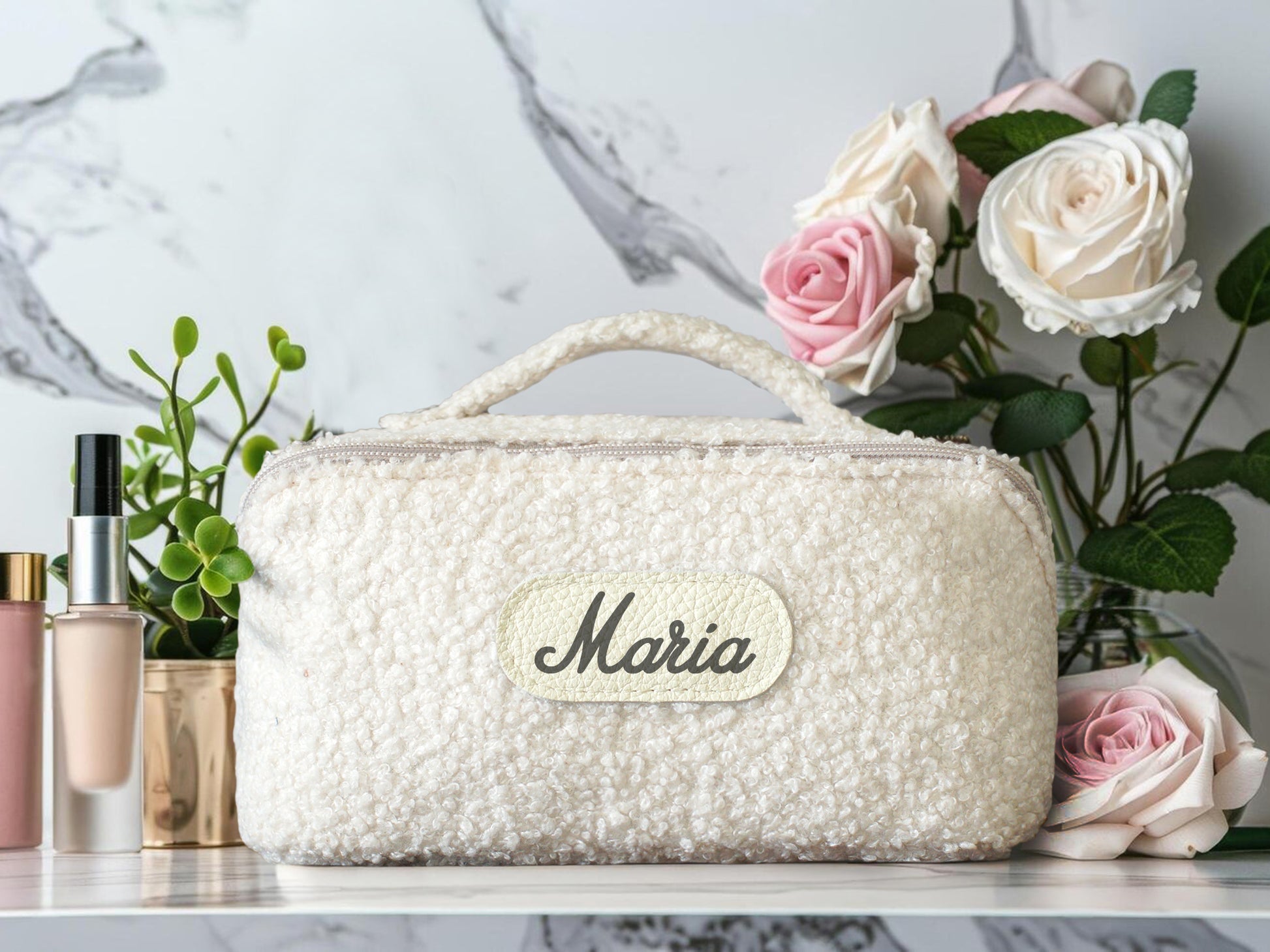 Natural sherpa toiletry bag with soft plush texture, artisan craftsmanship