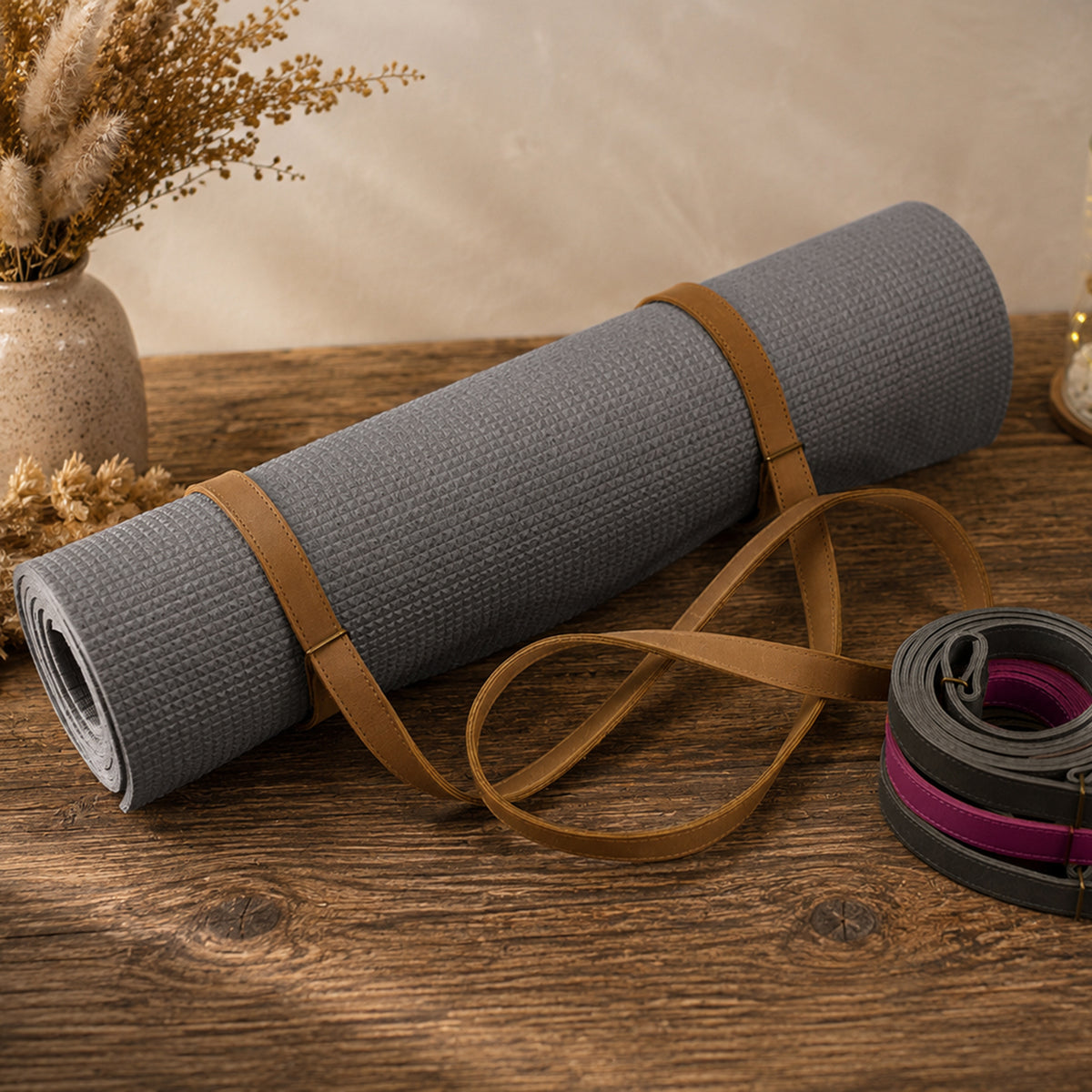 A gray textured yoga mat rolled up with tan straps, displayed on a rustic wooden table next to a coiled black and red strap, with dried flowers in a vase in the background.