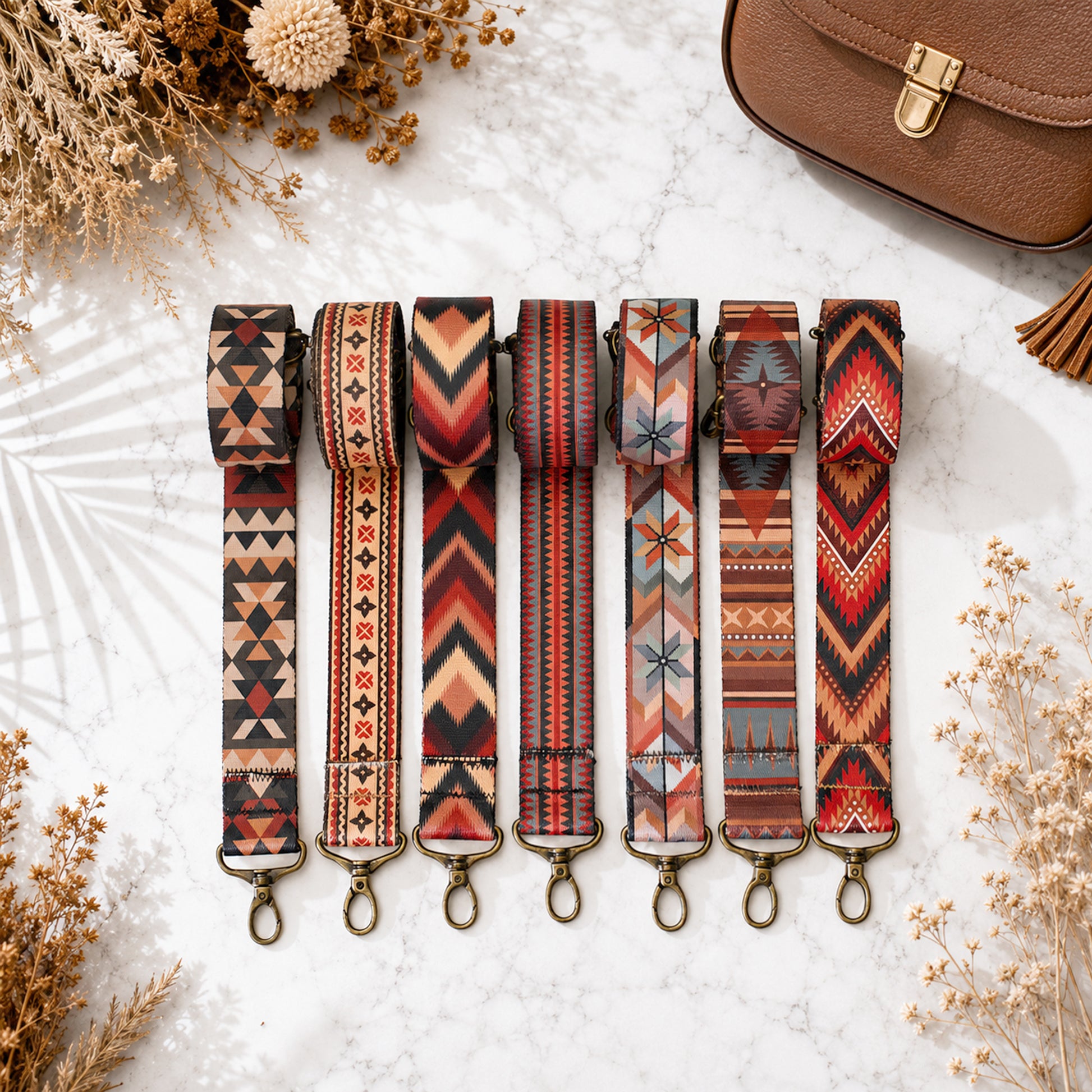 Set of patterned strap options on a textured surface with dried flowers and a brown bag.