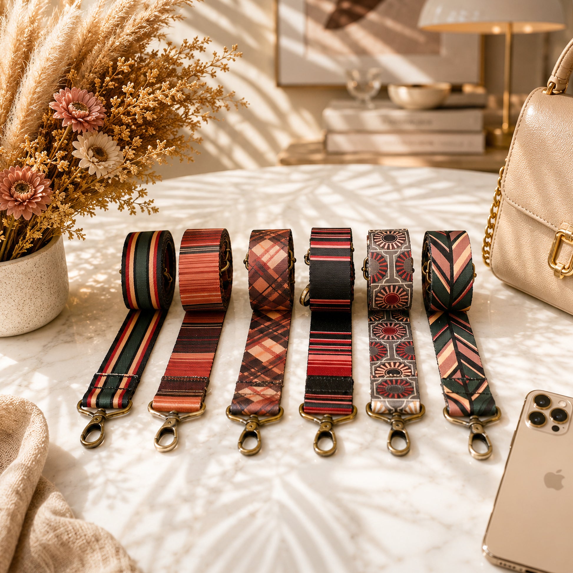 Set of colorful bag straps on a table with a phone and flowers in the background