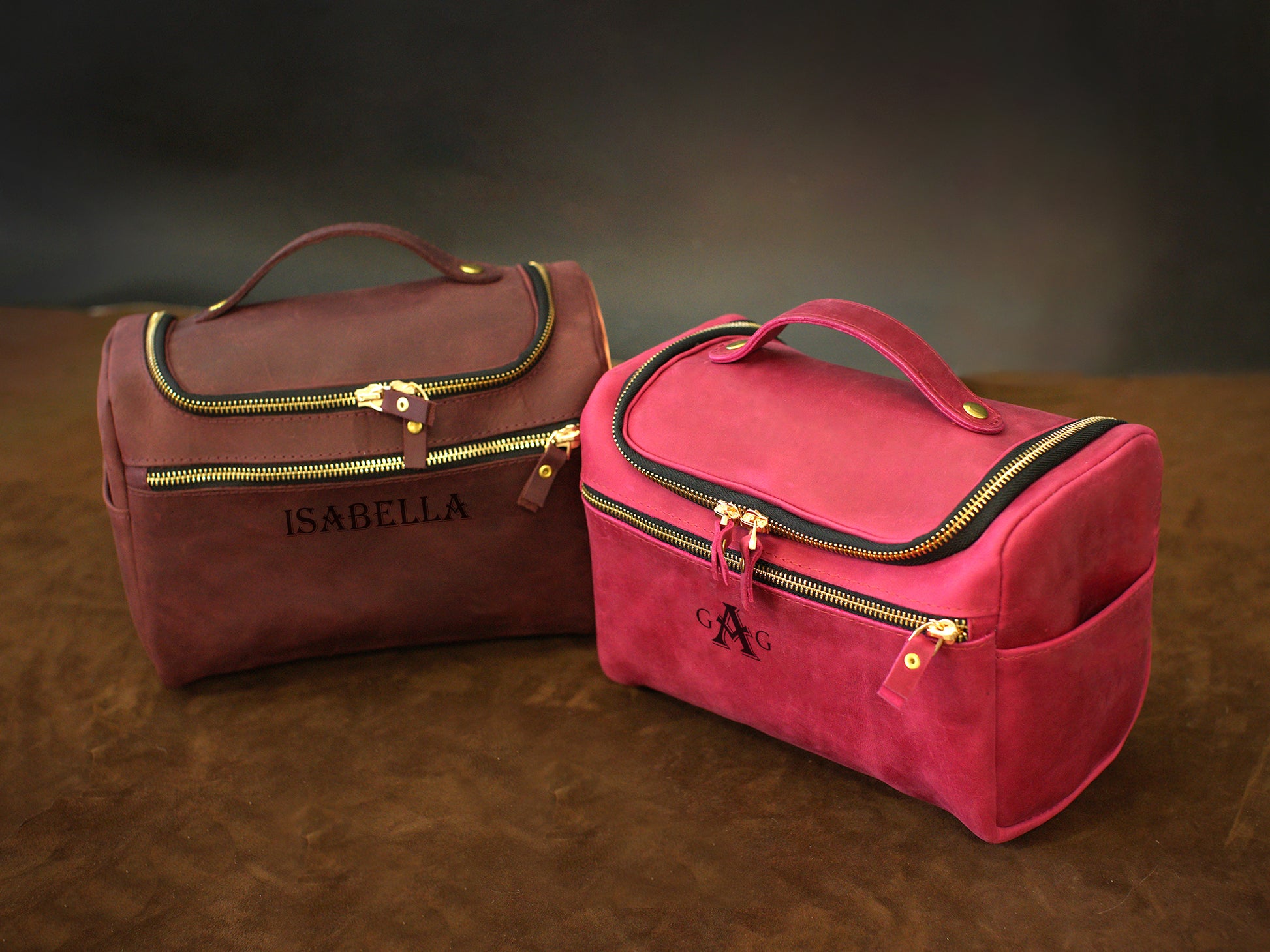 Leather toiletry case interior pockets detail, organized travel organizer