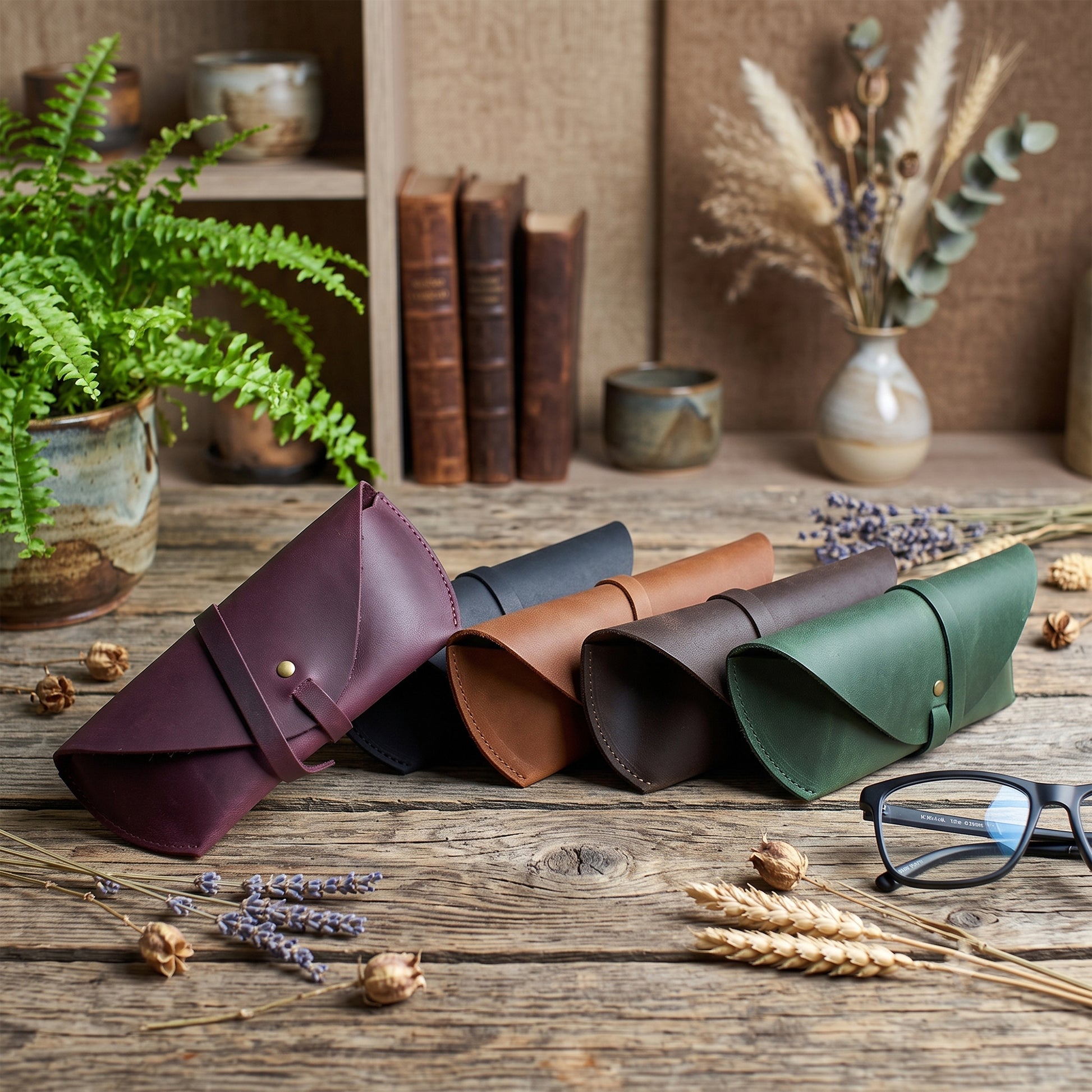 Four leather eyeglasses cases in burgundy, black, tan, and forest green are arranged on a rustic wooden table with decorative props including a potted fern, books, dried flowers, and a pair of eyeglasses.