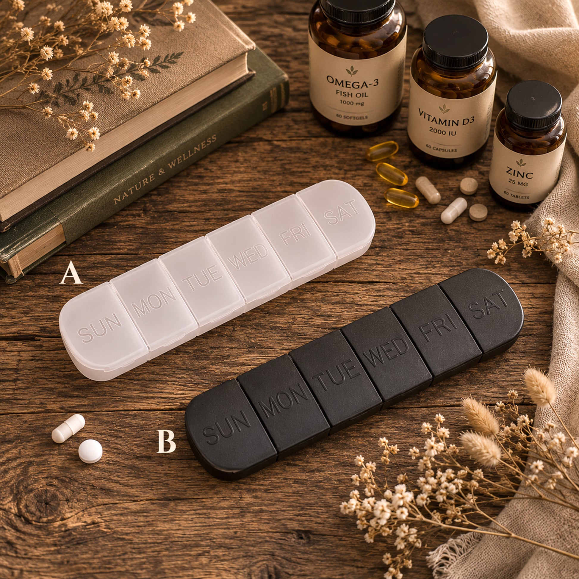 Two weekly pill organizer cases shown on a wooden surface: one white case labeled A and one black case labeled B. The scene includes supplement bottles, capsules, dried flowers, and fabric, but no person or animal.