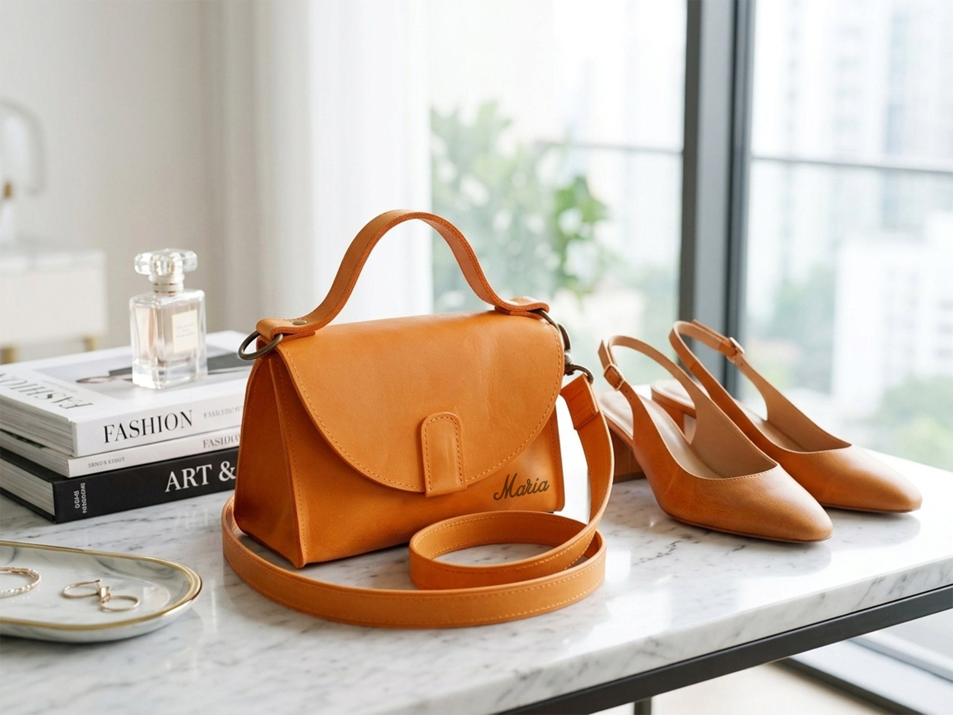 Natural leather handbag with warm patina, artisan craftsmanship
