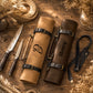Close-up of leather knife roll buckle strap and brass hardware detail