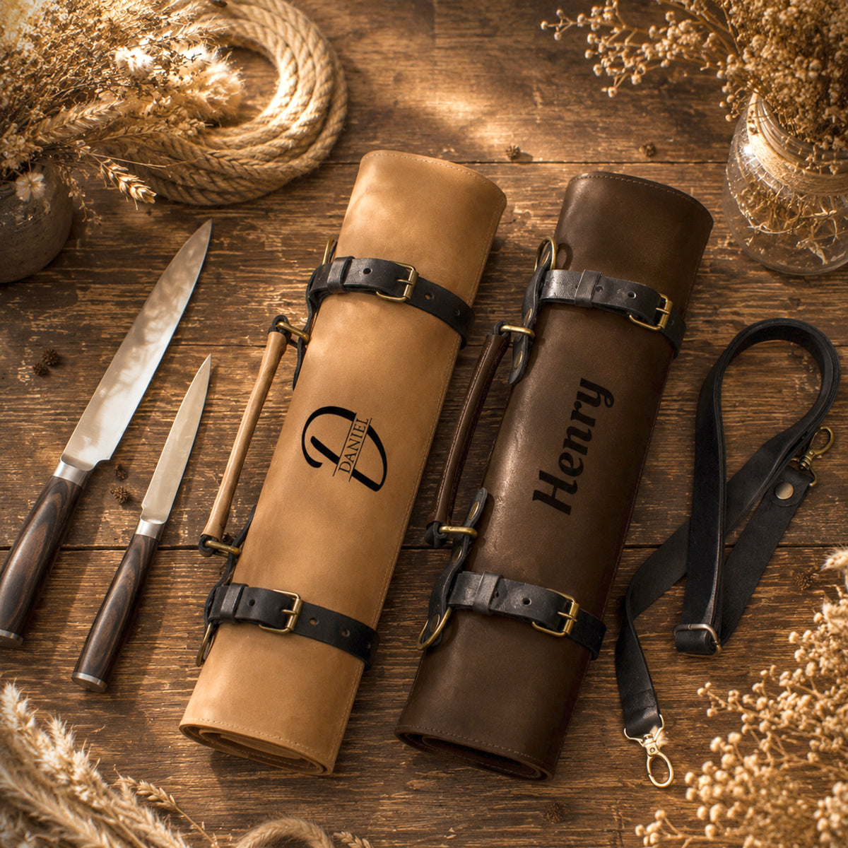 Close-up of leather knife roll buckle strap and brass hardware detail