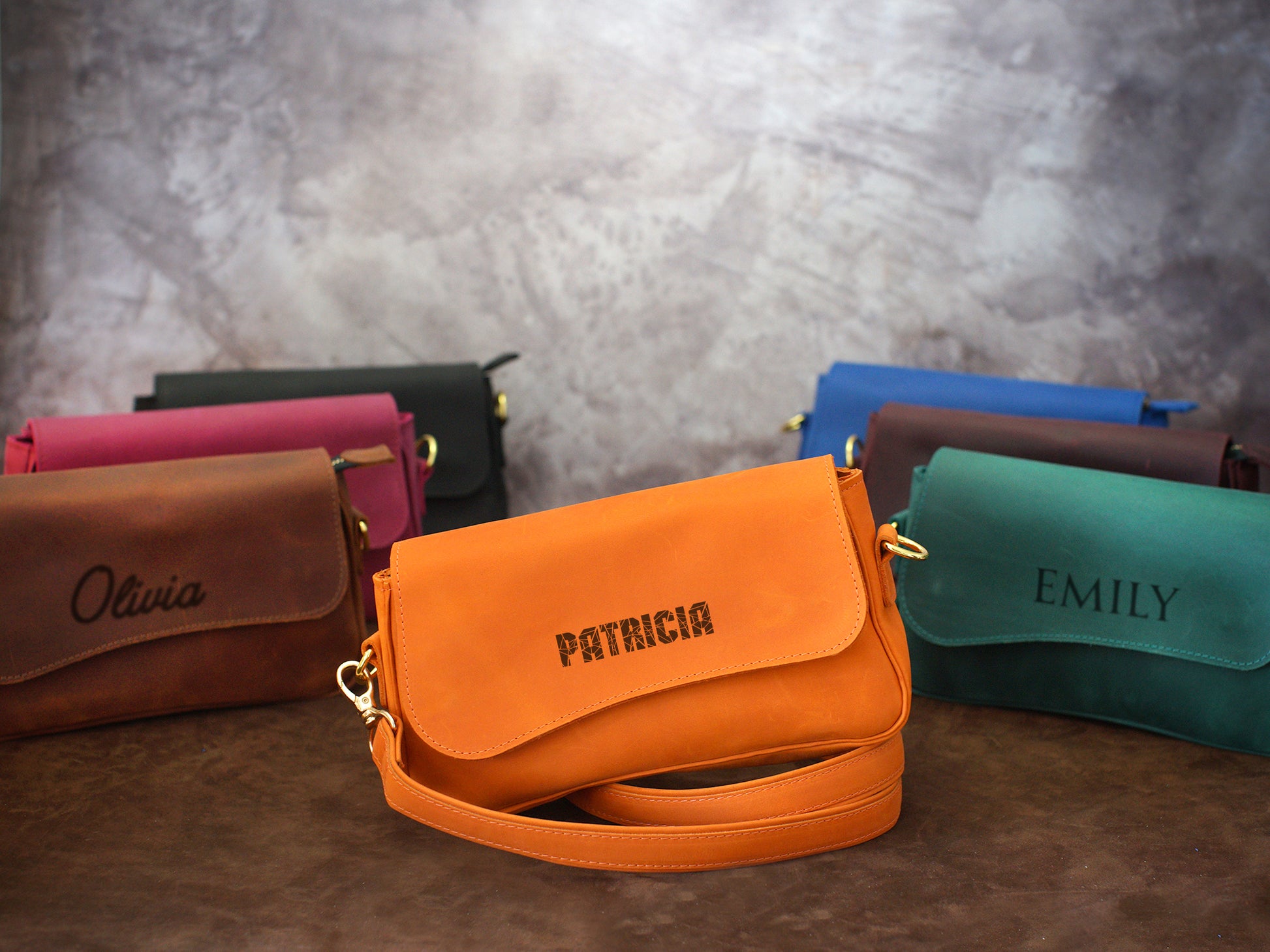 Leather crossbody pouch with custom monogram, magnetic quick-access closure