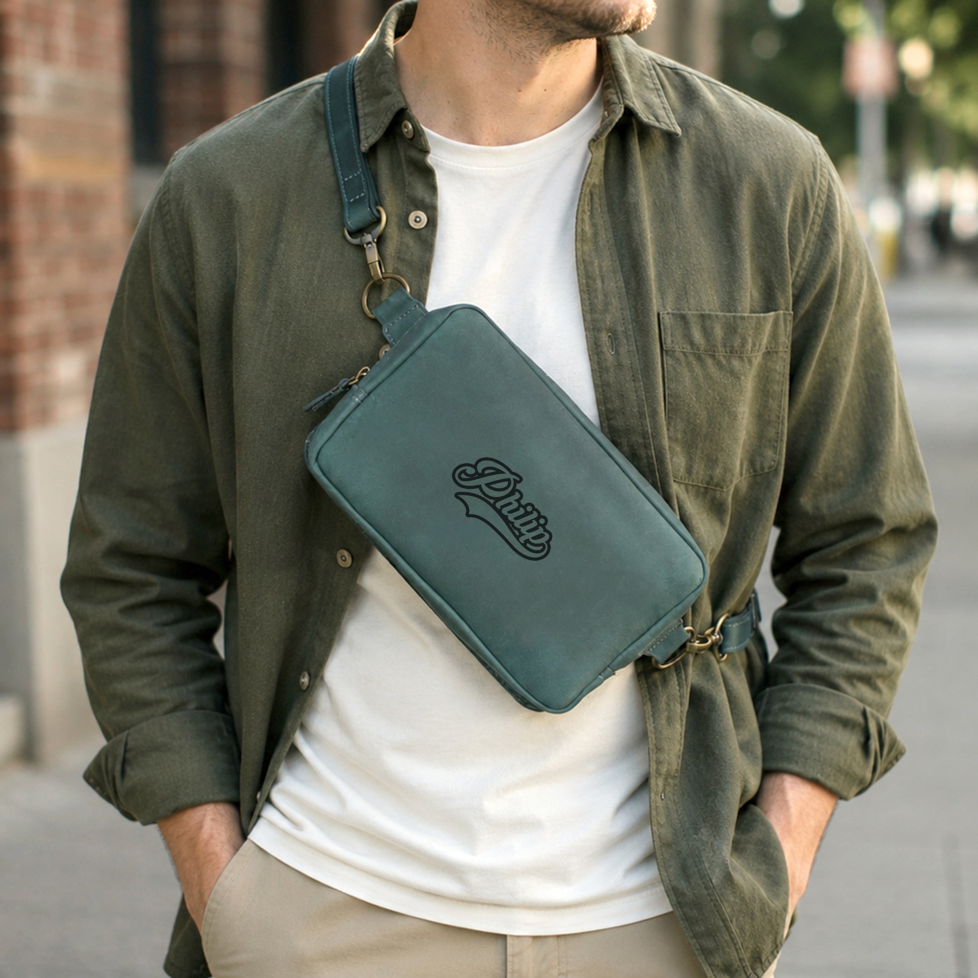A man wearing an olive green button-up shirt over a white t-shirt, carrying a teal green crossbody bag with a black script logo that reads 'Phillies'.