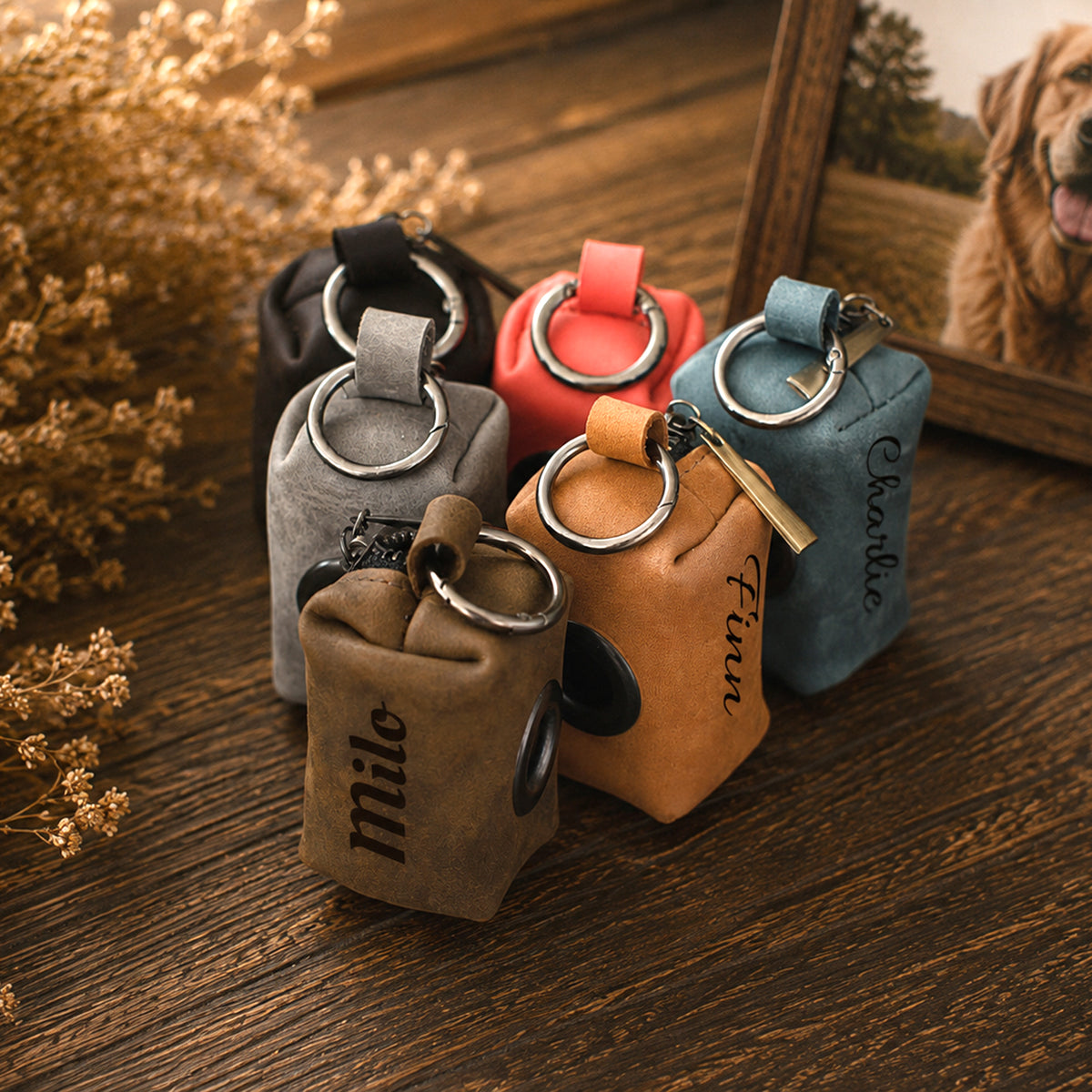 Five small milk carton-shaped keychains or bag charms in different colors are arranged on a wooden surface. The visible names printed on the cartons are Milo, Fun, and Chocochip.