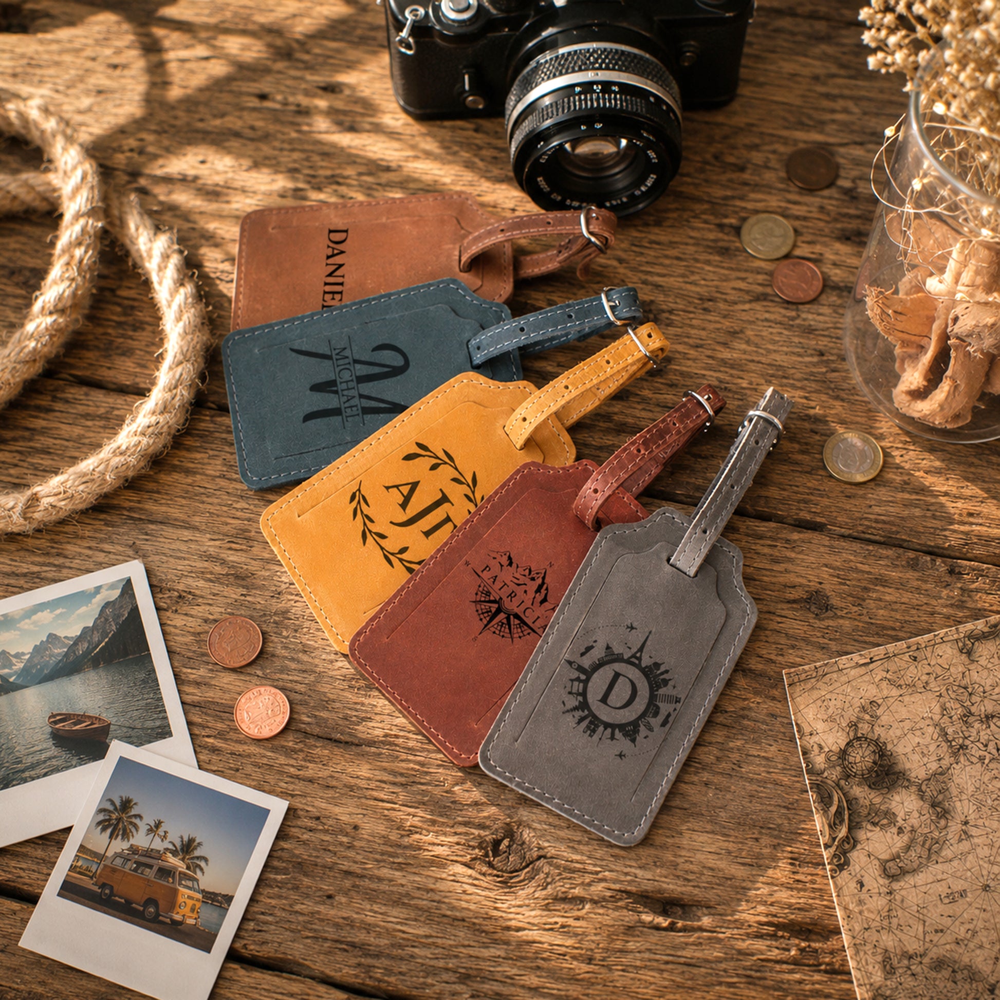 Four personalized leather luggage tags in brown, blue, yellow, and gray, arranged on a rustic wooden table with travel-themed props including a camera, coins, a rope, and instant photos.