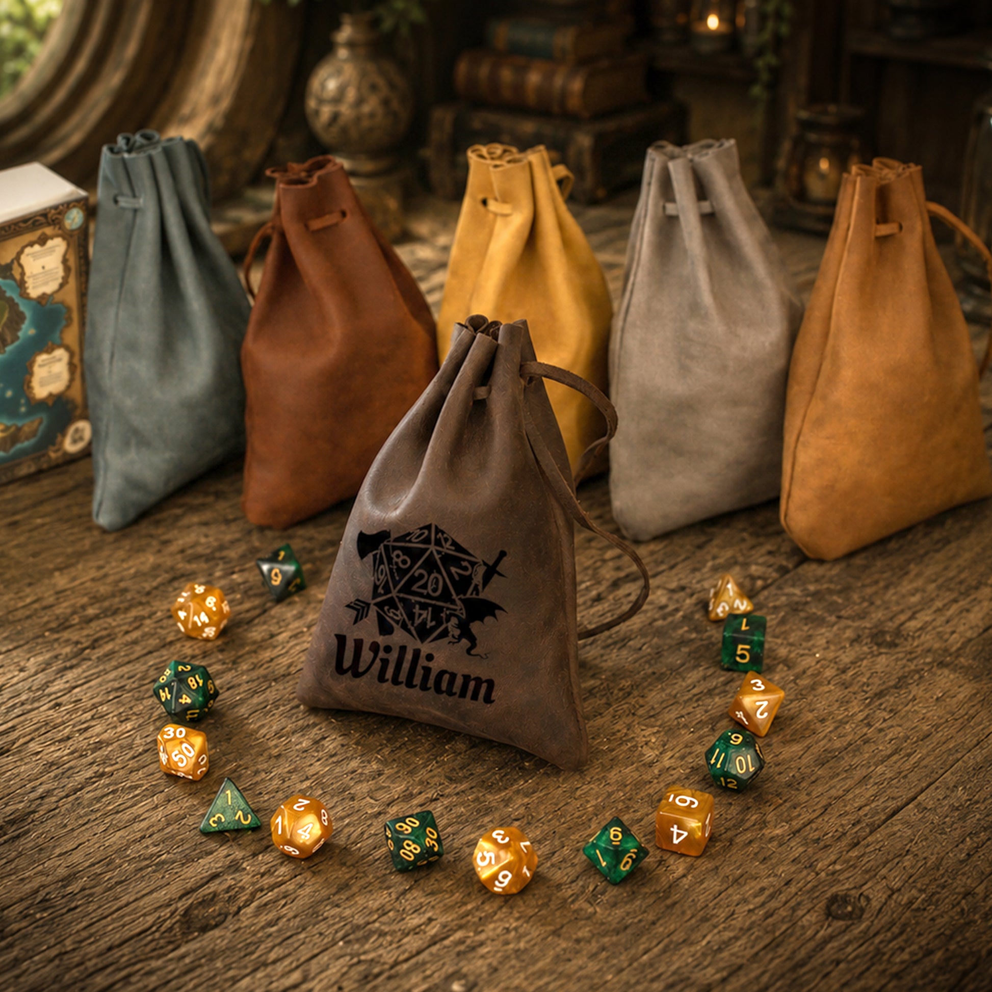 Six leather and canvas drawstring pouches in muted blue, brown, mustard yellow, light gray, tan, and taupe are arranged on a rustic wooden table, with several colorful polyhedral gaming dice scattered around. The front taupe pouch is personalized with a black dragon graphic and the name 'William'.