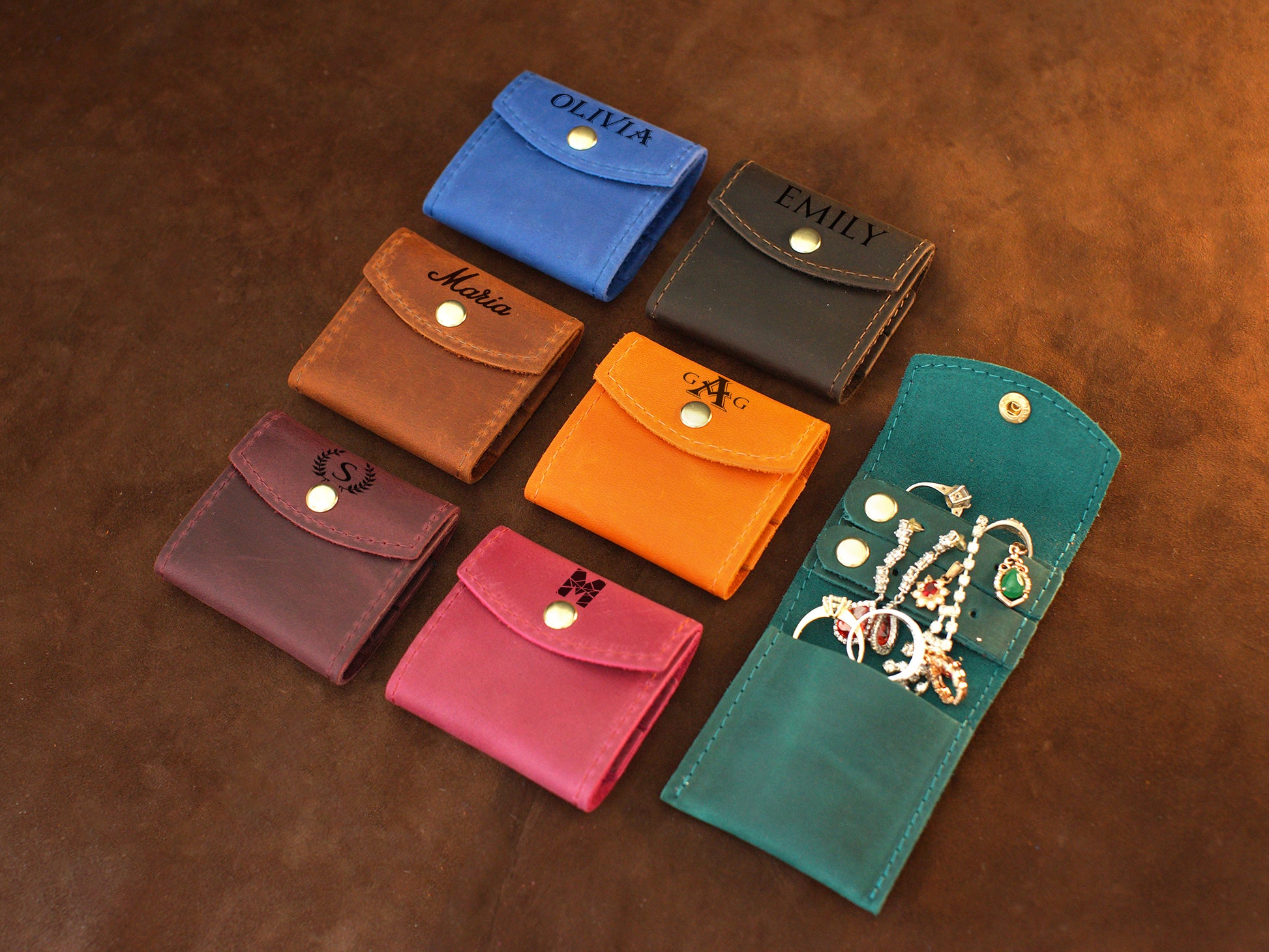 Leather jewelry pouch with custom monogram, compact travel case detail