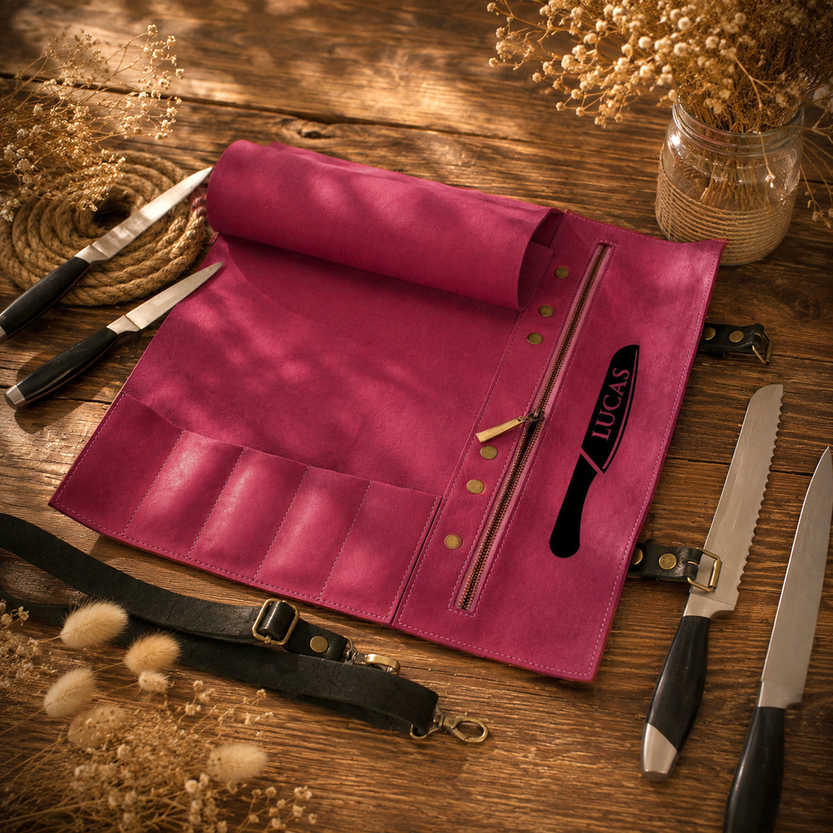 A magenta knife roll organizer laid open on a rustic wooden table, surrounded by kitchen knives, rope, dried flowers, and a black leather strap. The knife roll has multiple knife slots, a zipper pocket, brass grommets, and a black pocket holding a knife labeled LUCAS.