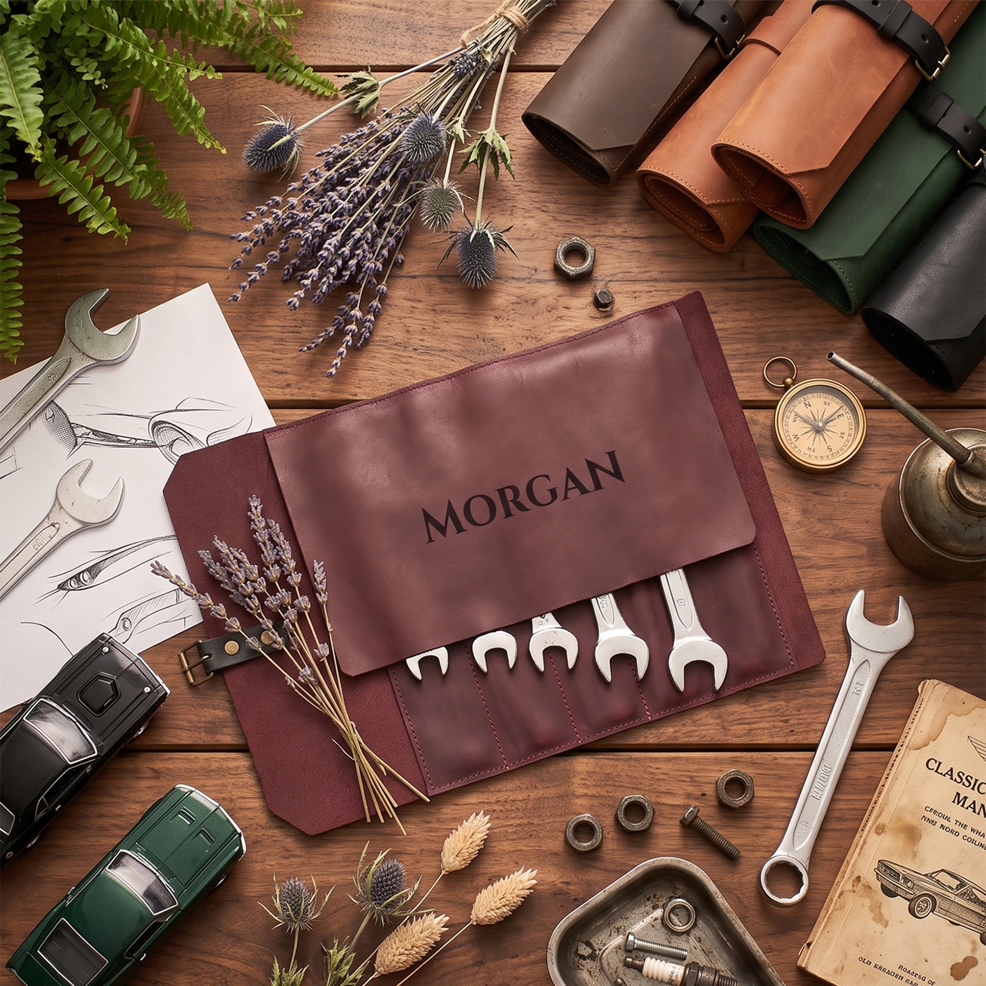 A personalized brown leather tool roll with the name 'MORGAN' embossed on the flap, displayed in a styled flat-lay of vintage car parts, wrenches, and tools on a wooden table.