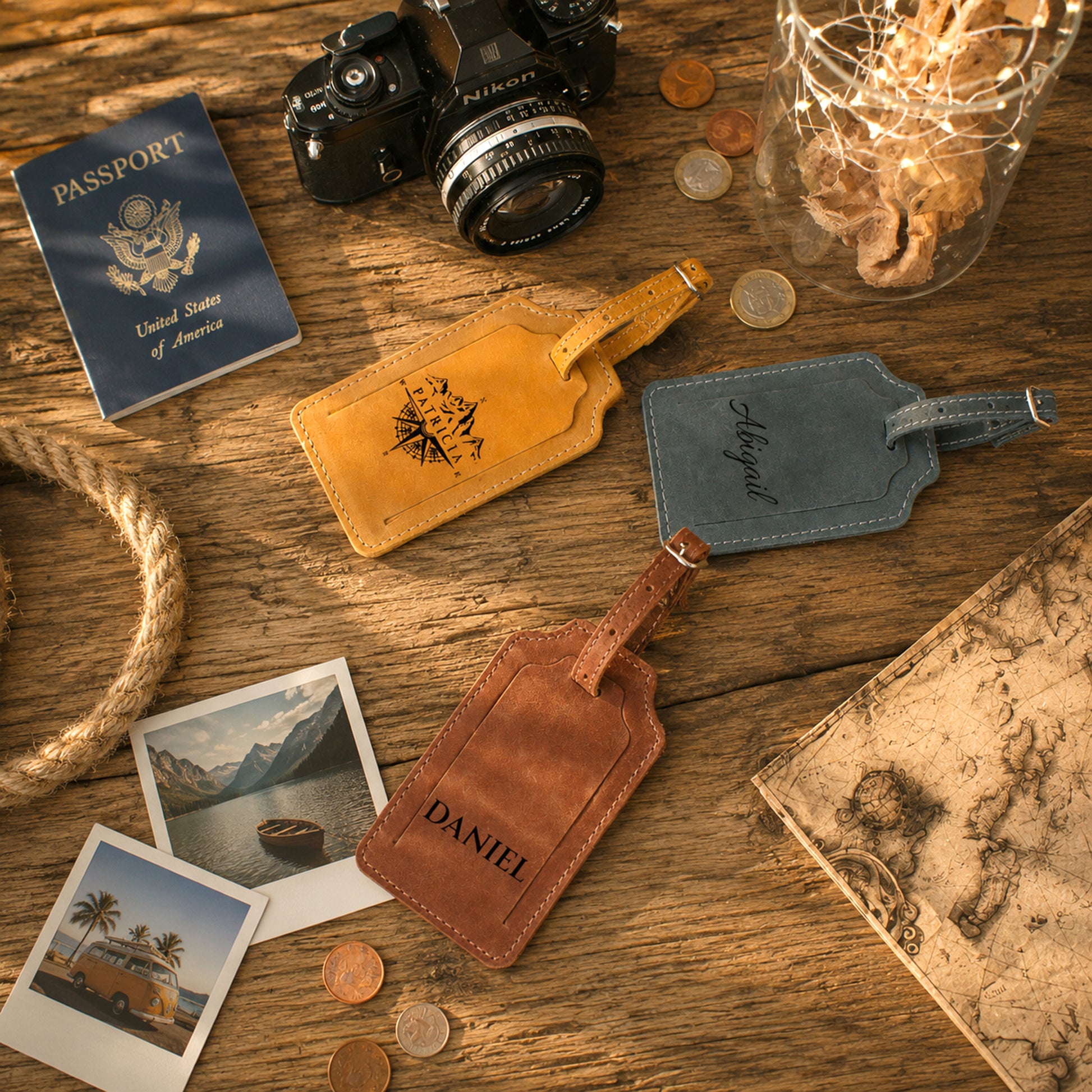 Three personalized leather luggage tags in tan, brown, and blue-gray are arranged on a rustic wooden table with travel-themed props including a passport, camera, coins, a map, and instant photos.