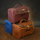 Person carrying personalized leather cosmetic bag, lifestyle editorial photo