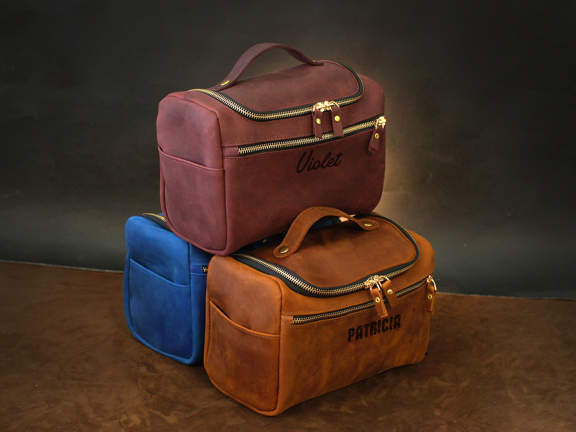Person carrying personalized leather cosmetic bag, lifestyle editorial photo
