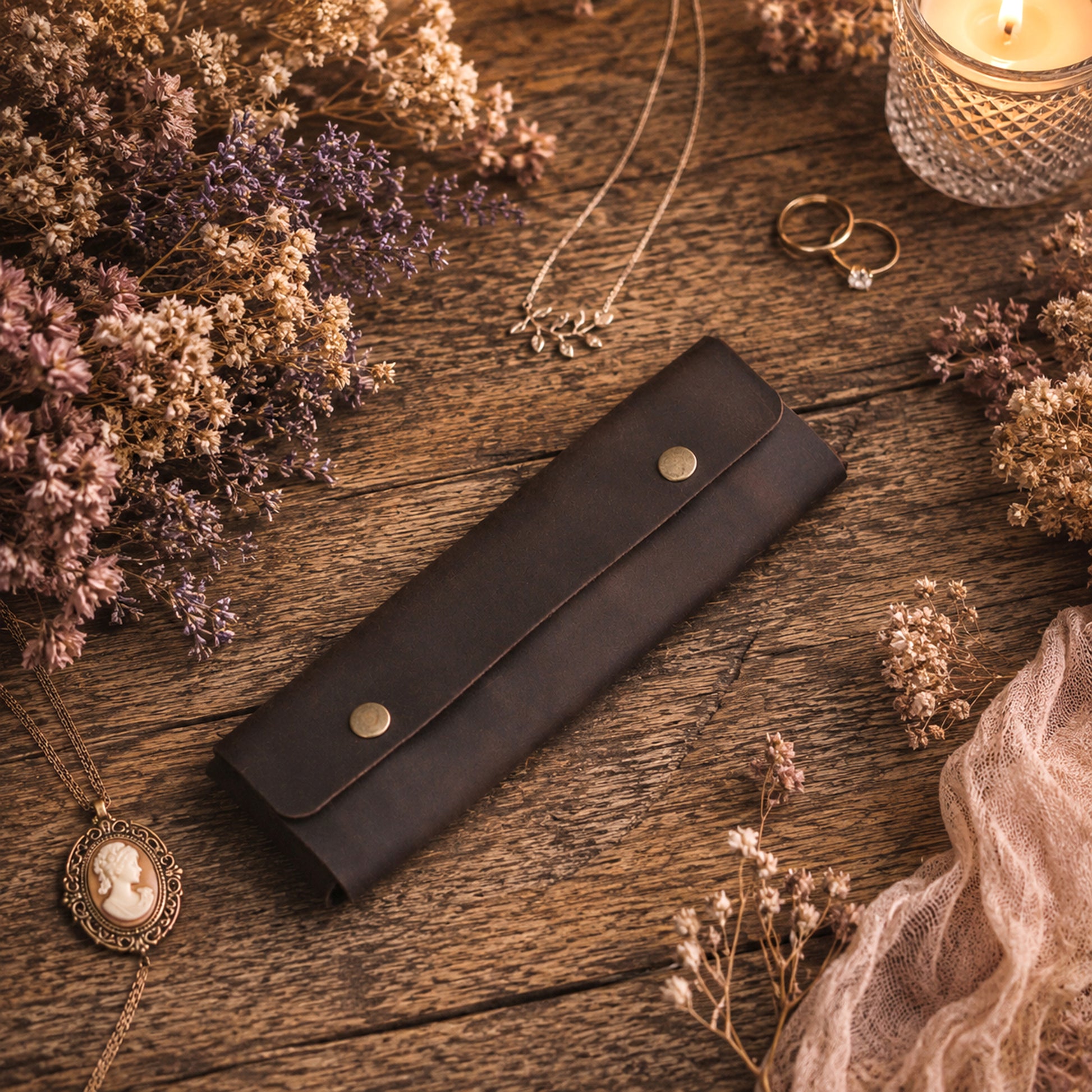 A dark brown leather jewelry organizer case with snap buttons, styled on a rustic wooden table with dried flowers, necklaces, rings, and a lit candle.