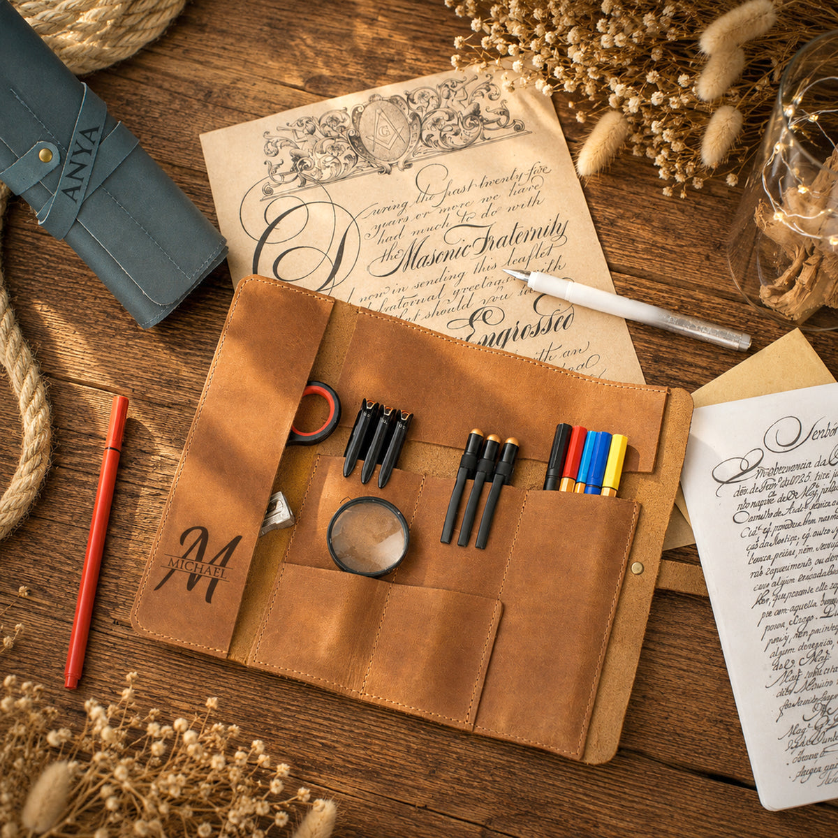 The Draftsman leather pencil wrap, compact artist tool organizer