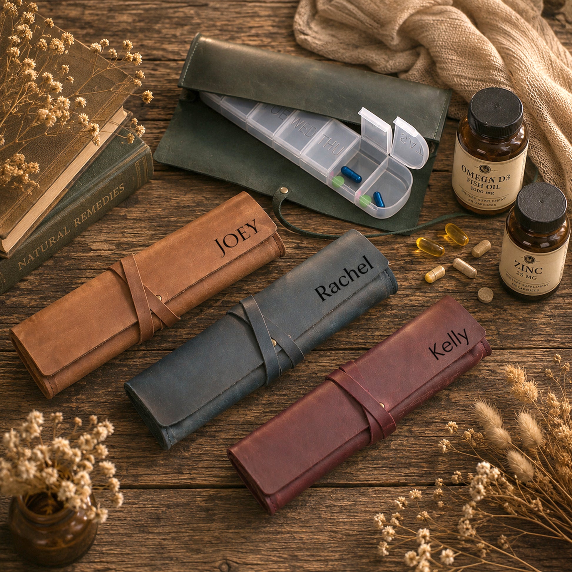 Three personalized leather pill organizer rolls in brown, blue-gray, and burgundy, arranged on a rustic wooden table with dried flowers, books, capsules, and supplement bottles.