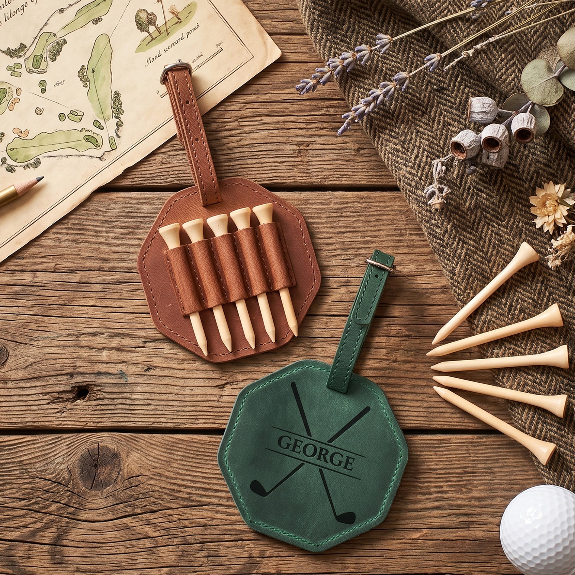 Two personalized leather golf accessories on a rustic wooden table: a brown octagonal tag holding six wooden tees and a green octagonal tag engraved with the name GEORGE and crossed golf clubs. Additional tees, a golf ball, dried flowers, and a map sheet are arranged around them.
