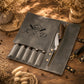 Person carrying personalized leather knife roll, chef lifestyle editorial photo