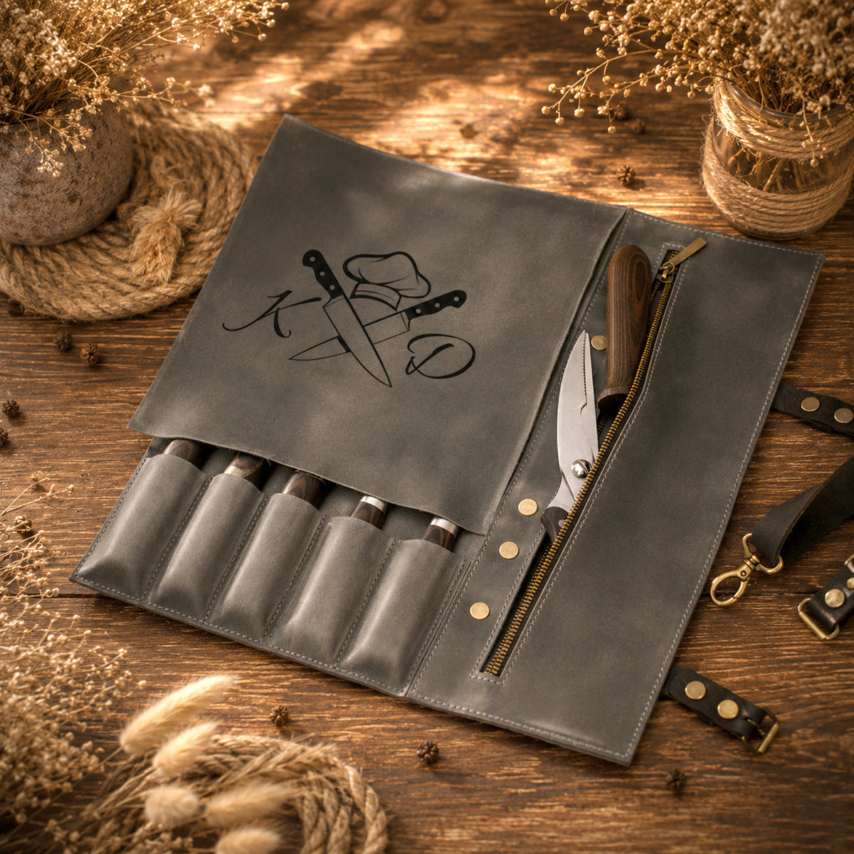 Person carrying personalized leather knife roll, chef lifestyle editorial photo