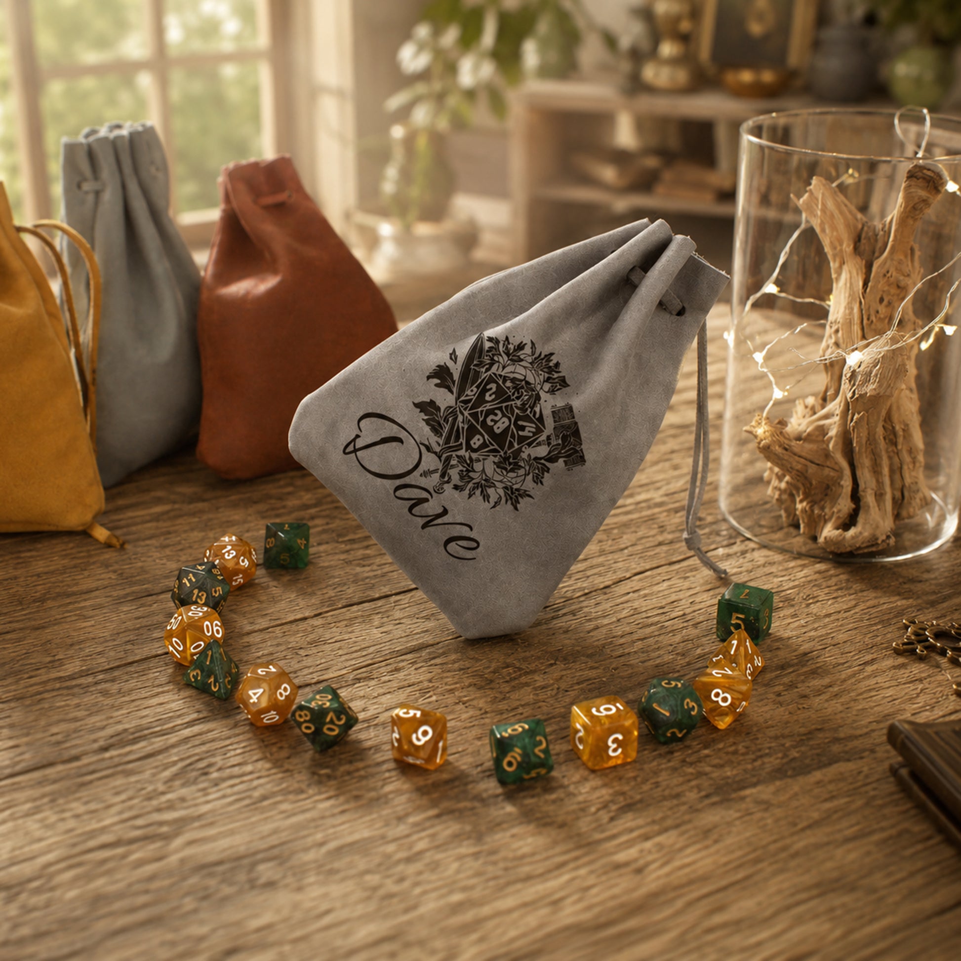 A gray personalized drawstring pouch with 'Dave' and a rose emblem printed on it, displayed on a wooden table next to a bracelet of multicolor polyhedral dice. Other pouches and a glass jar are blurred in the background.