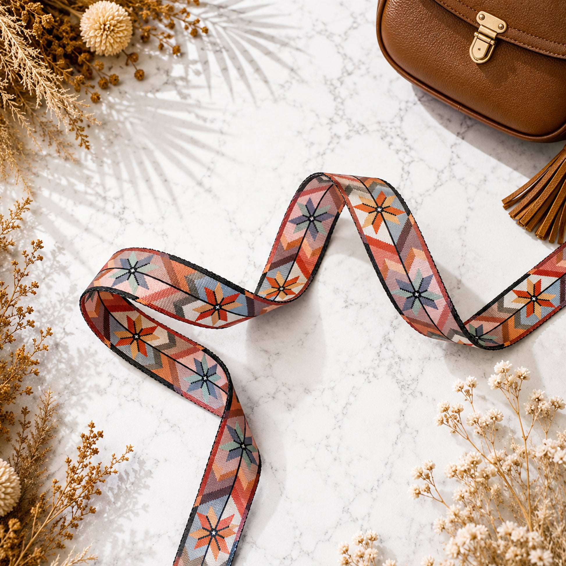 Decorative ribbon with geometric pattern on a textured surface with dried flowers and a brown bag.