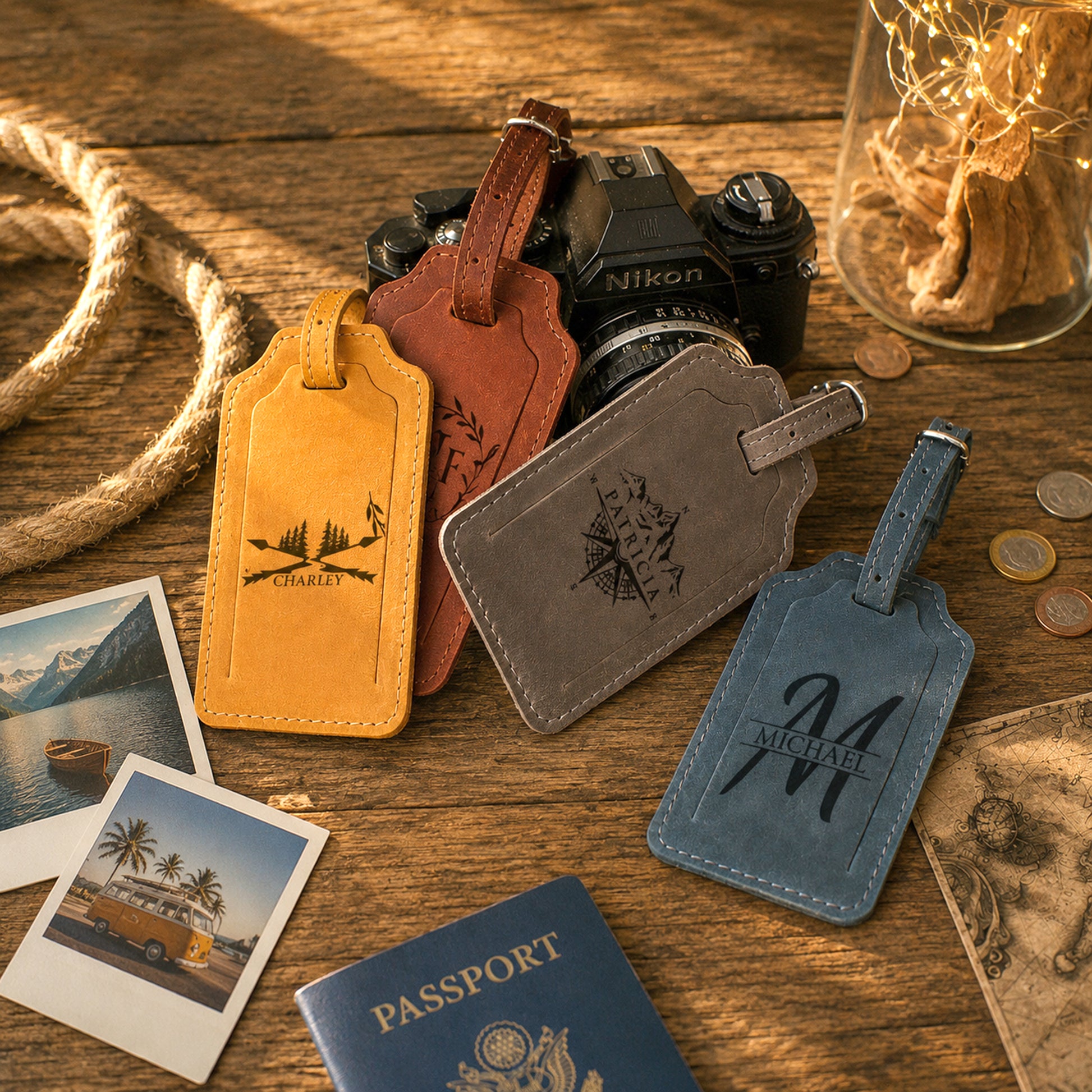 Three personalized leather luggage tags in yellow, brown, and blue-gray are arranged on a rustic wooden table with a Nikon camera, rope, coins, Polaroid photos, and a passport. The tags are engraved with outdoor scenes and names.