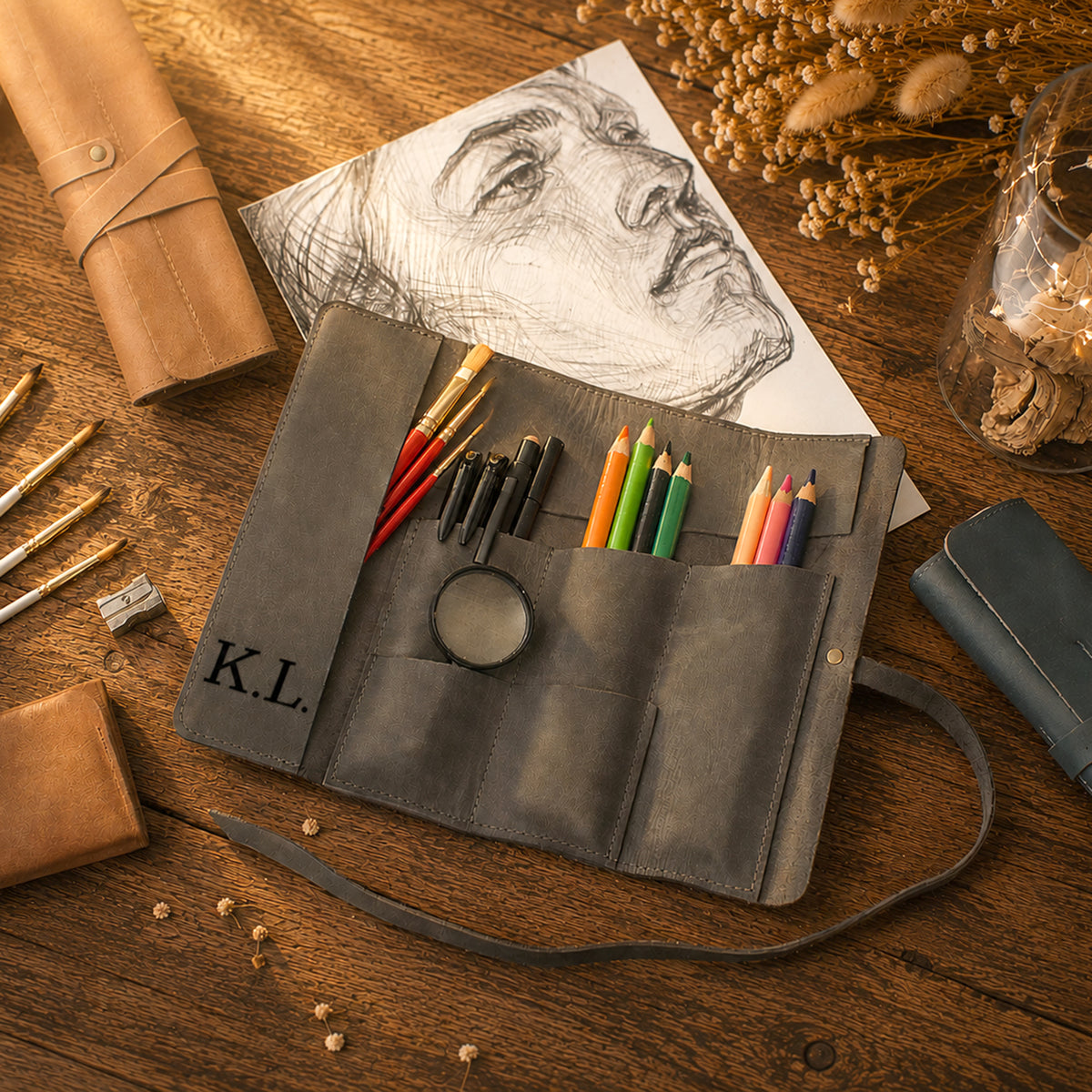 A dark gray leather artist's roll-up pouch laid open on a wooden table, holding colored pencils, brushes, and pens. A sketch of a face is placed behind it, with dried flowers, a rolled leather sleeve, and other art supplies around it.