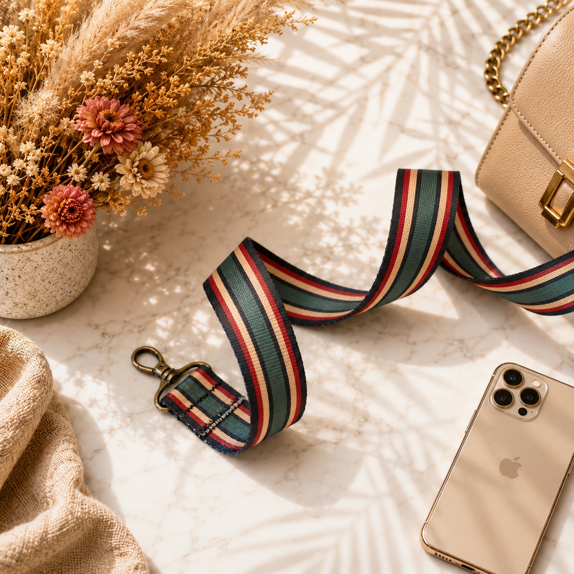 Striped dog leash, phone, and handbag on a marble surface with flowers.