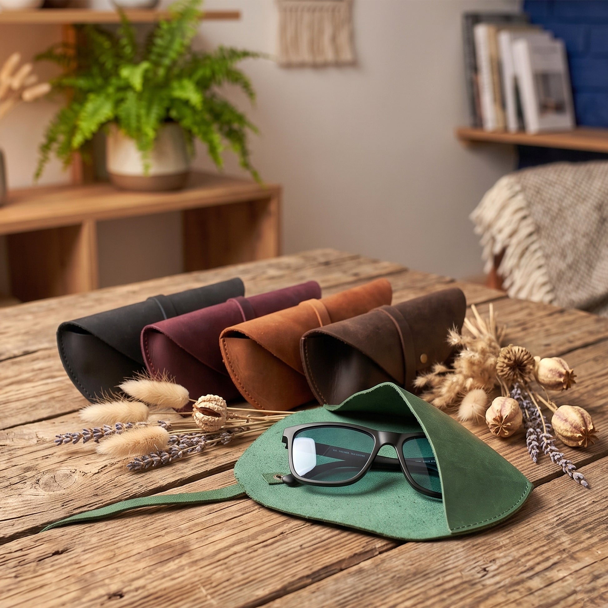 A green suede-like sunglasses case holding black sunglasses, styled on a rustic wooden table with other color options in the background and dried floral decor.