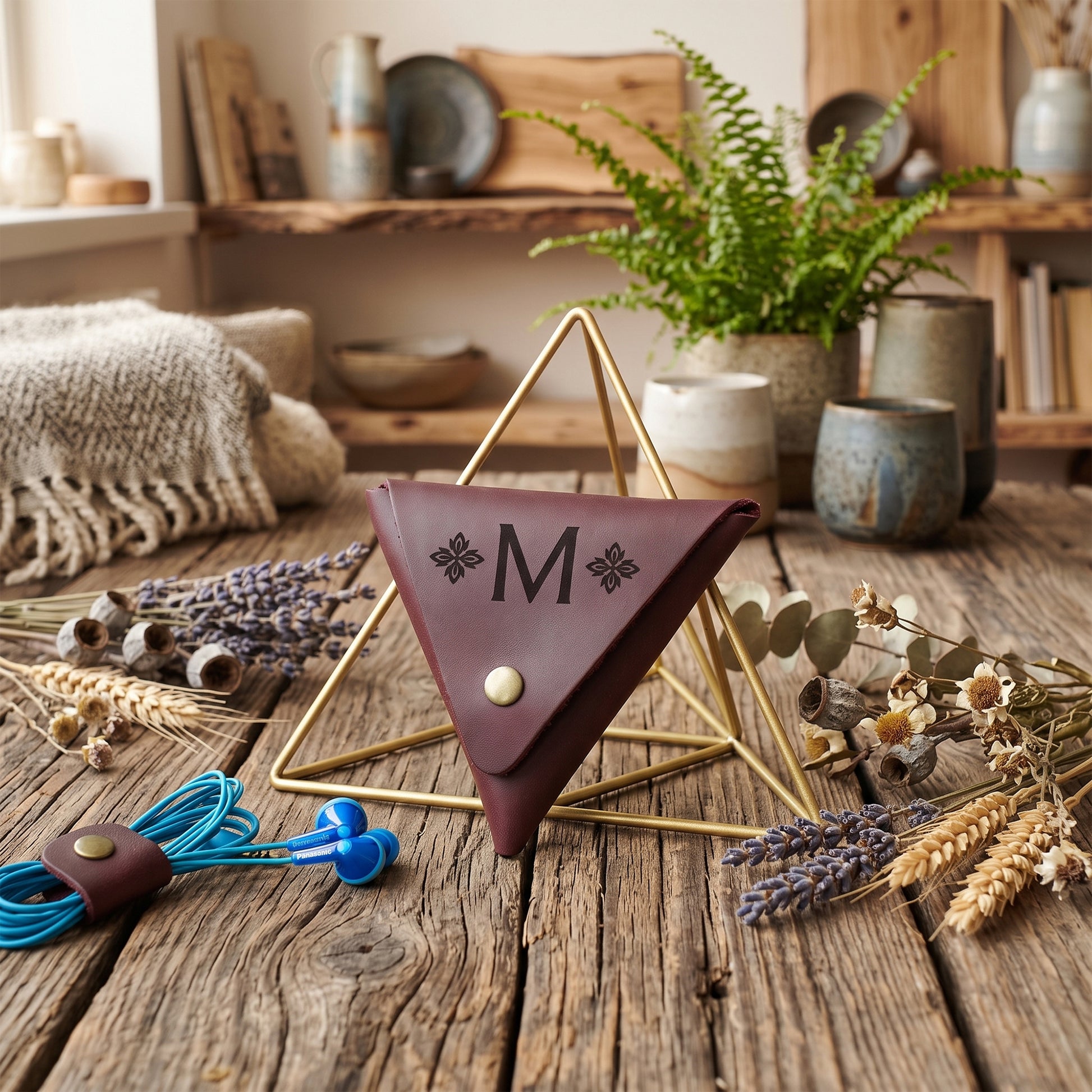 A triangular leather pouch in deep burgundy with a gold snap button and a black monogram 'M' on the front, styled on a rustic wooden table with dried flowers, lavender, and a gold geometric stand. A blue cord accessory with blue earplugs is also visible in the foreground.