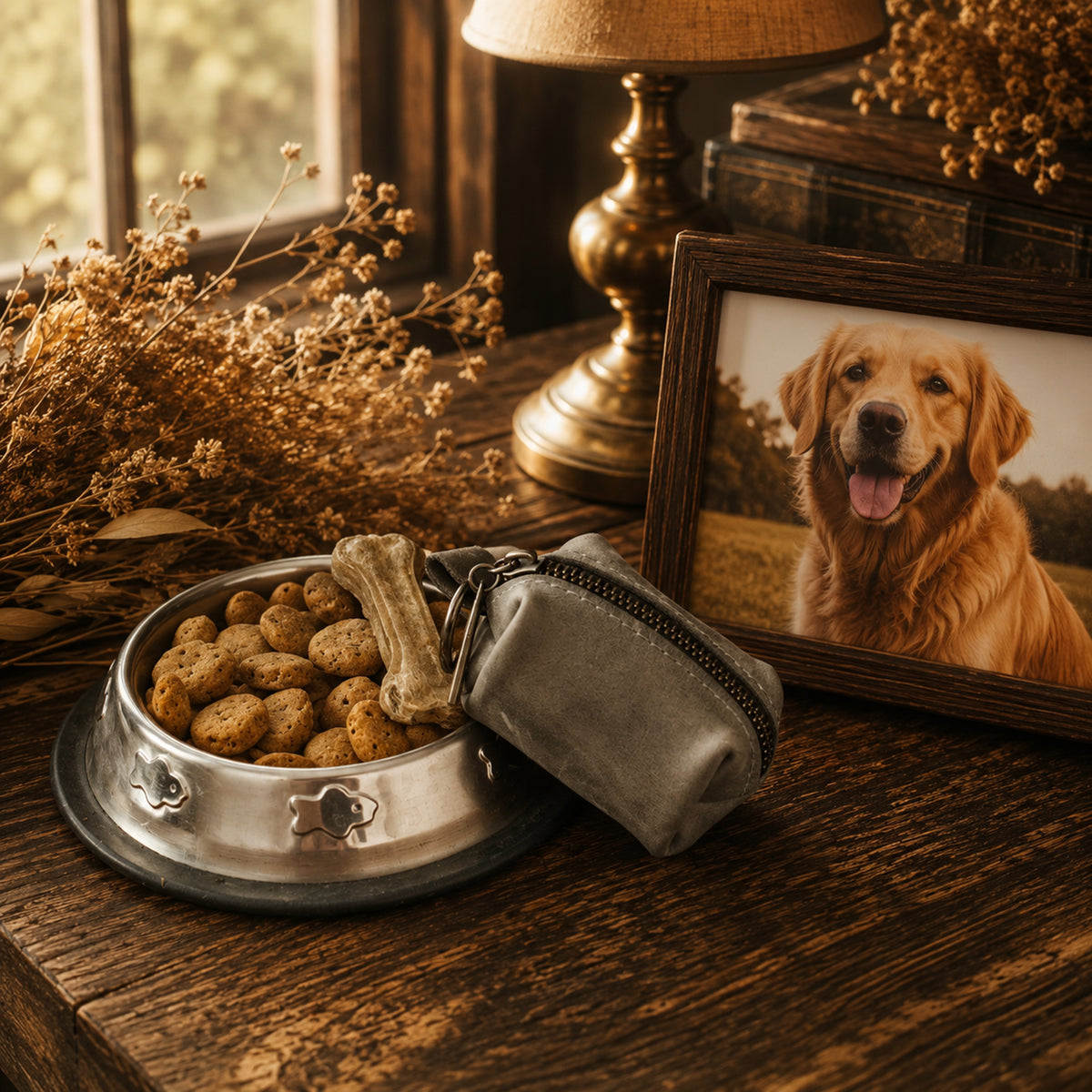 A small gray zippered pouch with a bone-shaped zipper pull rests beside a metal dog bowl filled with kibble and a bone-shaped treat, set on a rustic wooden table next to a framed photo of a golden retriever.