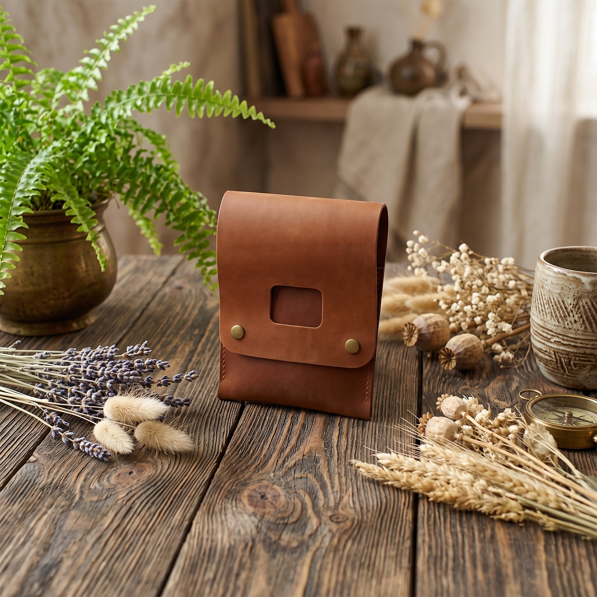 A brown leather pouch or small case with a rectangular cutout and two brass-tone snaps, displayed on a rustic wooden table surrounded by dried flowers, a potted fern, and other home decor props.