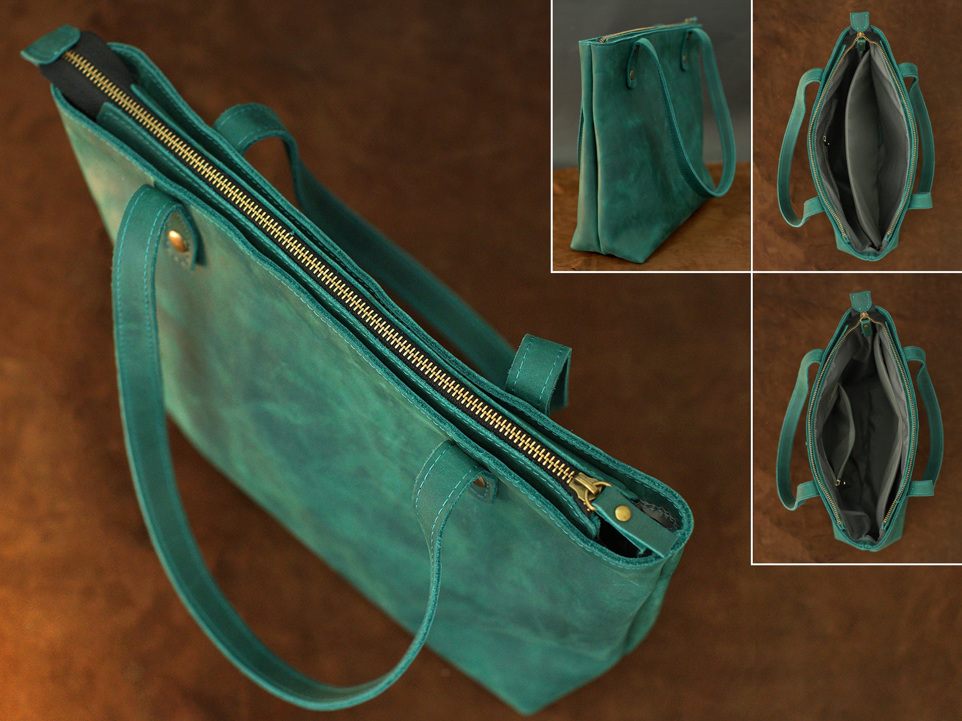 Teal handbag with gold zipper on a brown background